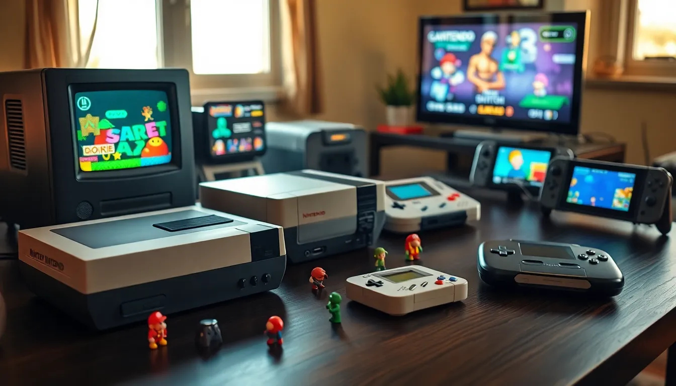A nostalgic gaming setup featuring various Nintendo consoles and characters.