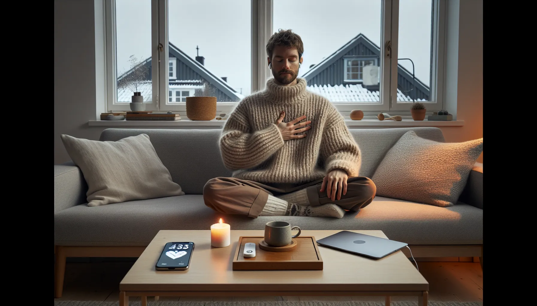 Norwegian adult practicing guided box breathing with a phone at dusk.