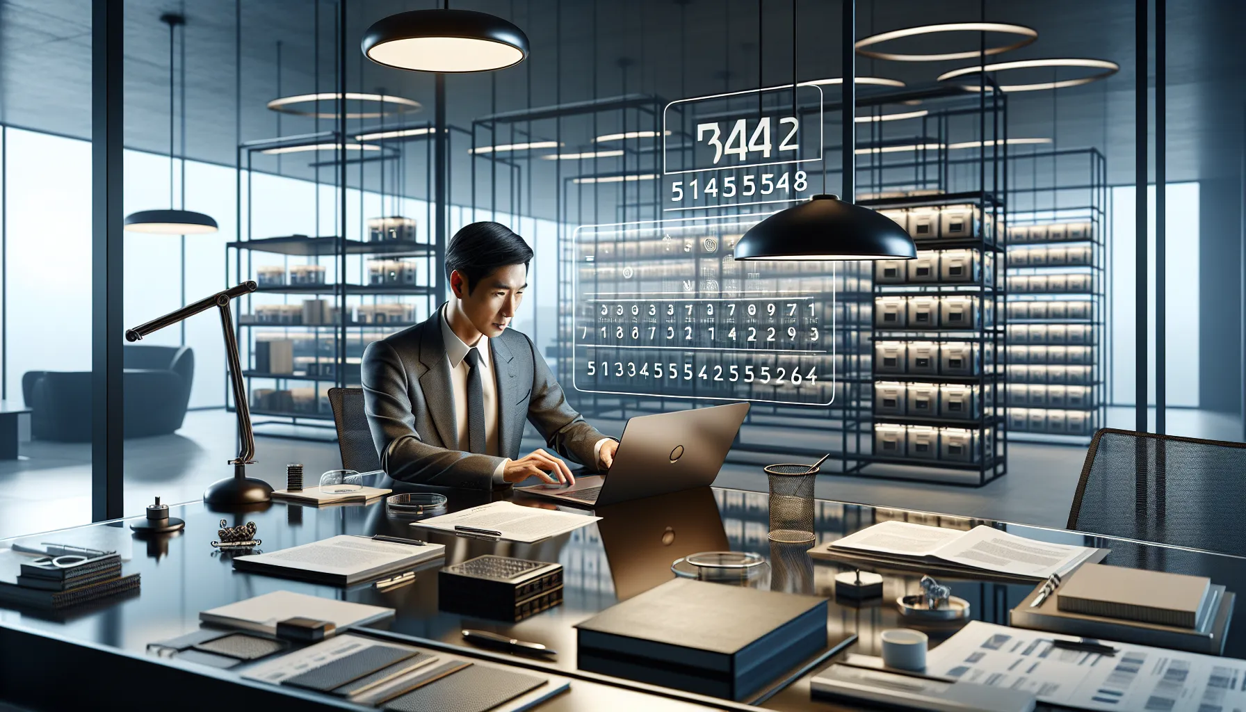 professional workspace featuring a digital interface with a unique number.