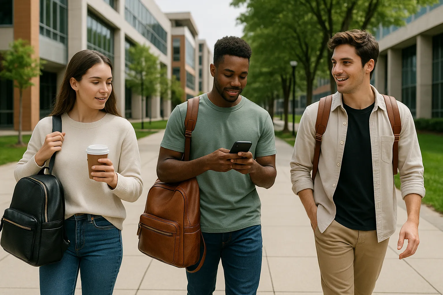Three college students with stylish leather backpacks on a modern campus path.