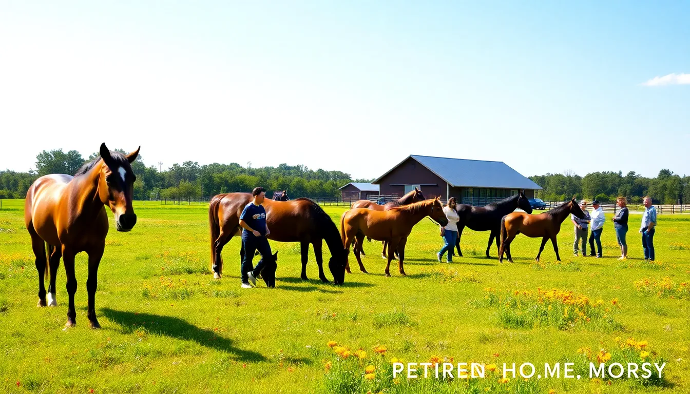 horses grazing in a serene retirement home with caretakers.