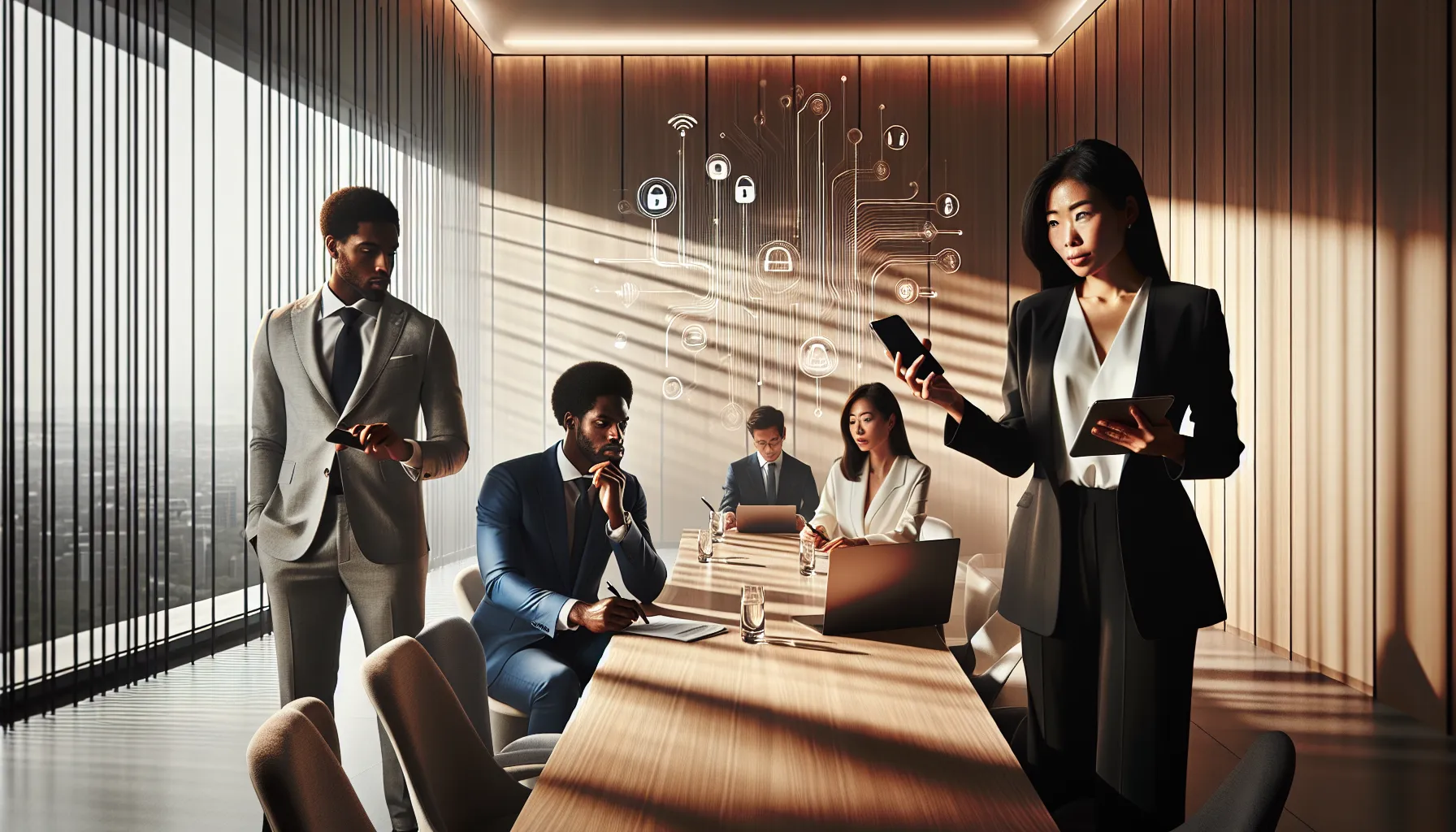 Diverse professionals discussing phone number privacy in a modern office.