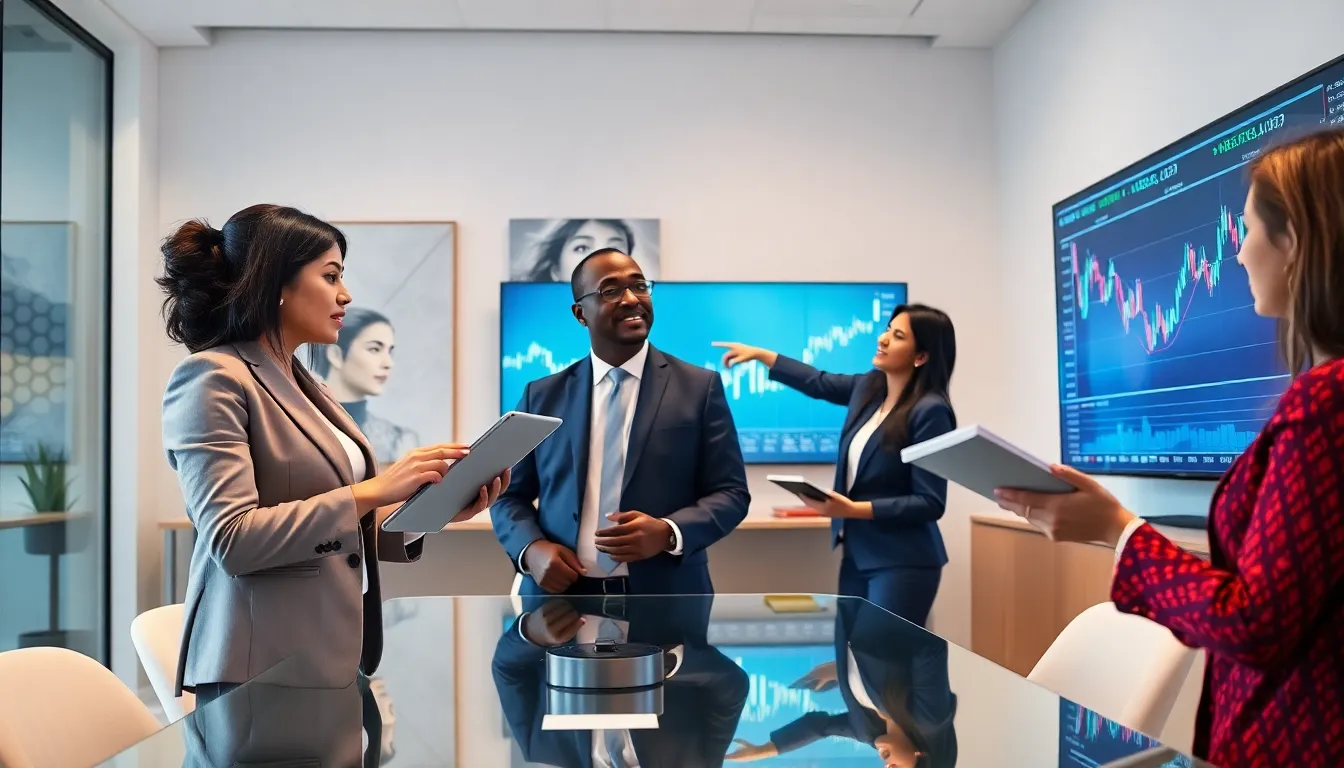 finance professionals discussing Ripple and XRP in a modern office.