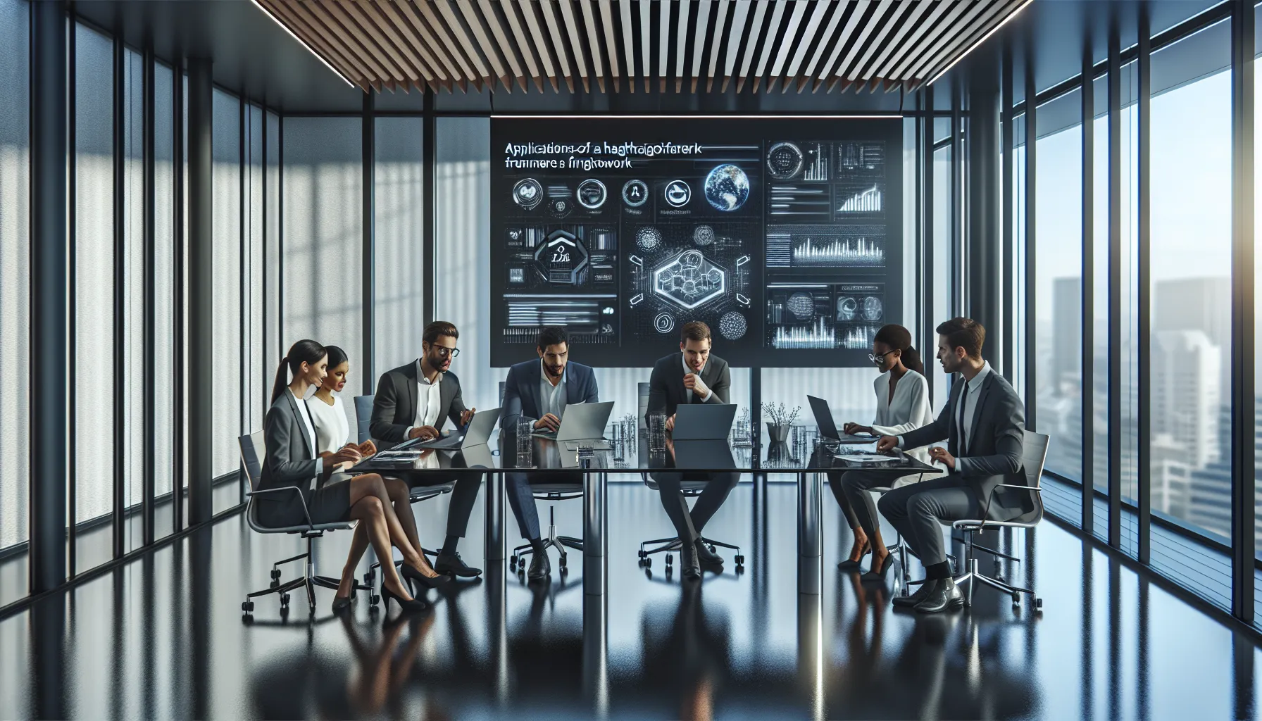 diverse team discussing technology in a modern office.