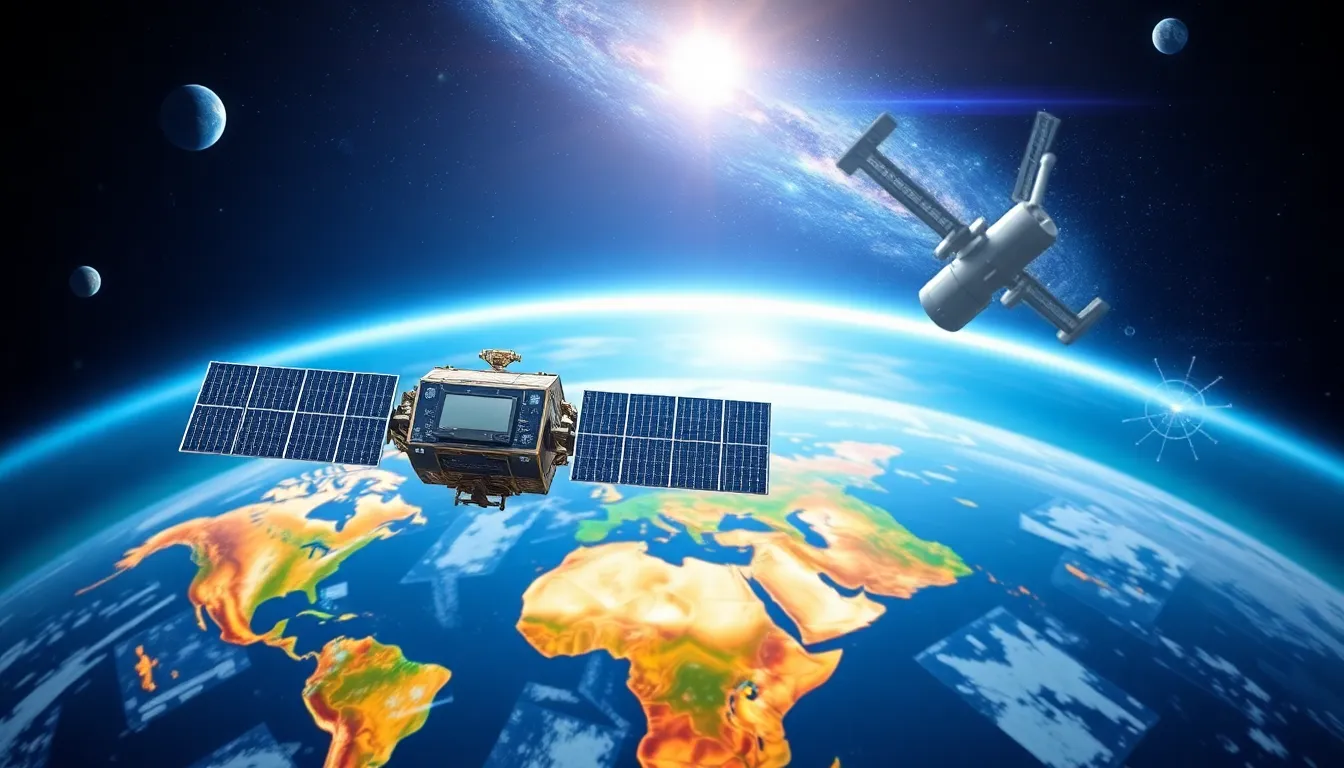 illustration of various satellites showcasing space technology applications.