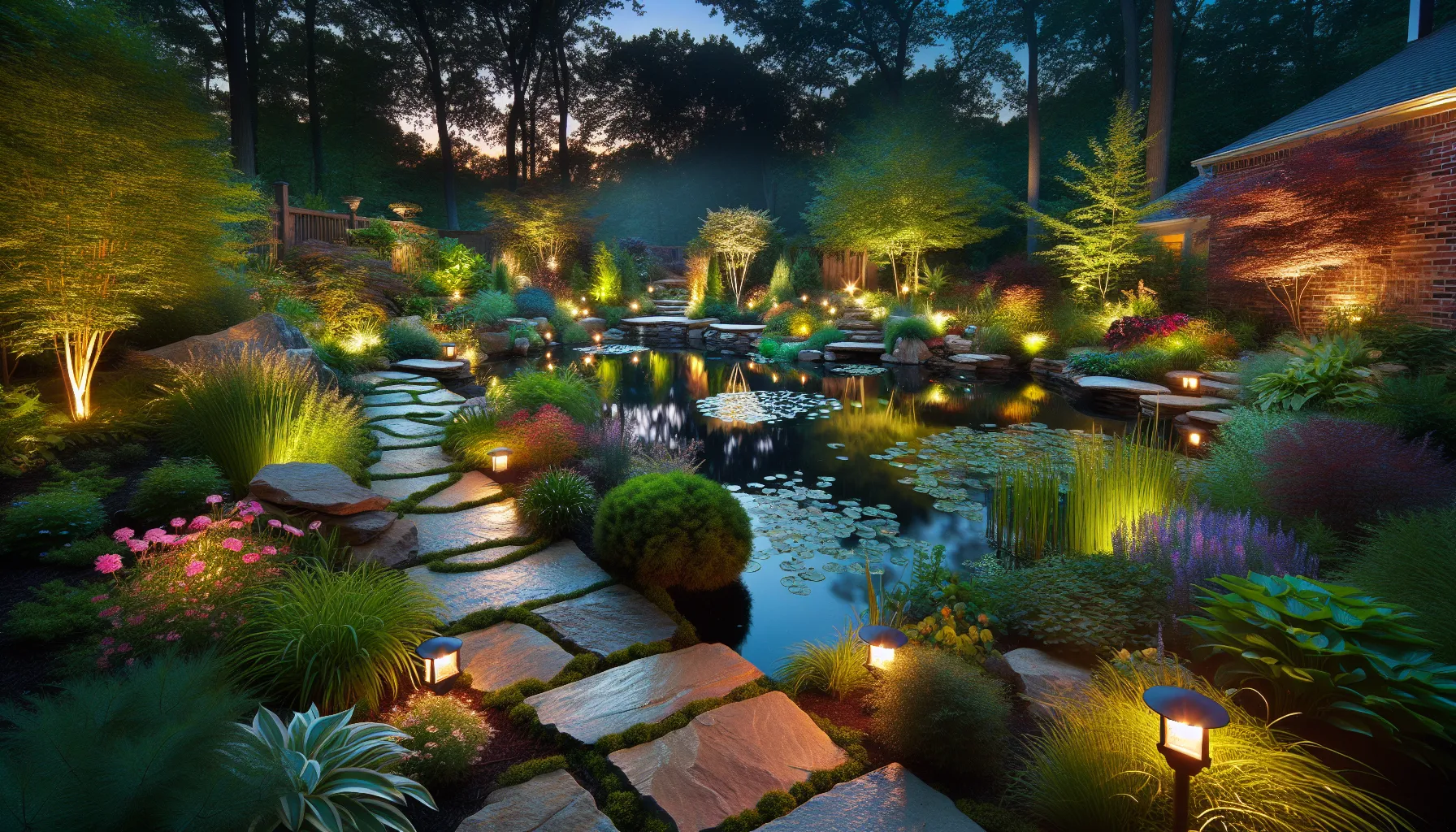 beautifully lit pond with stone pathways in a tranquil garden setting.