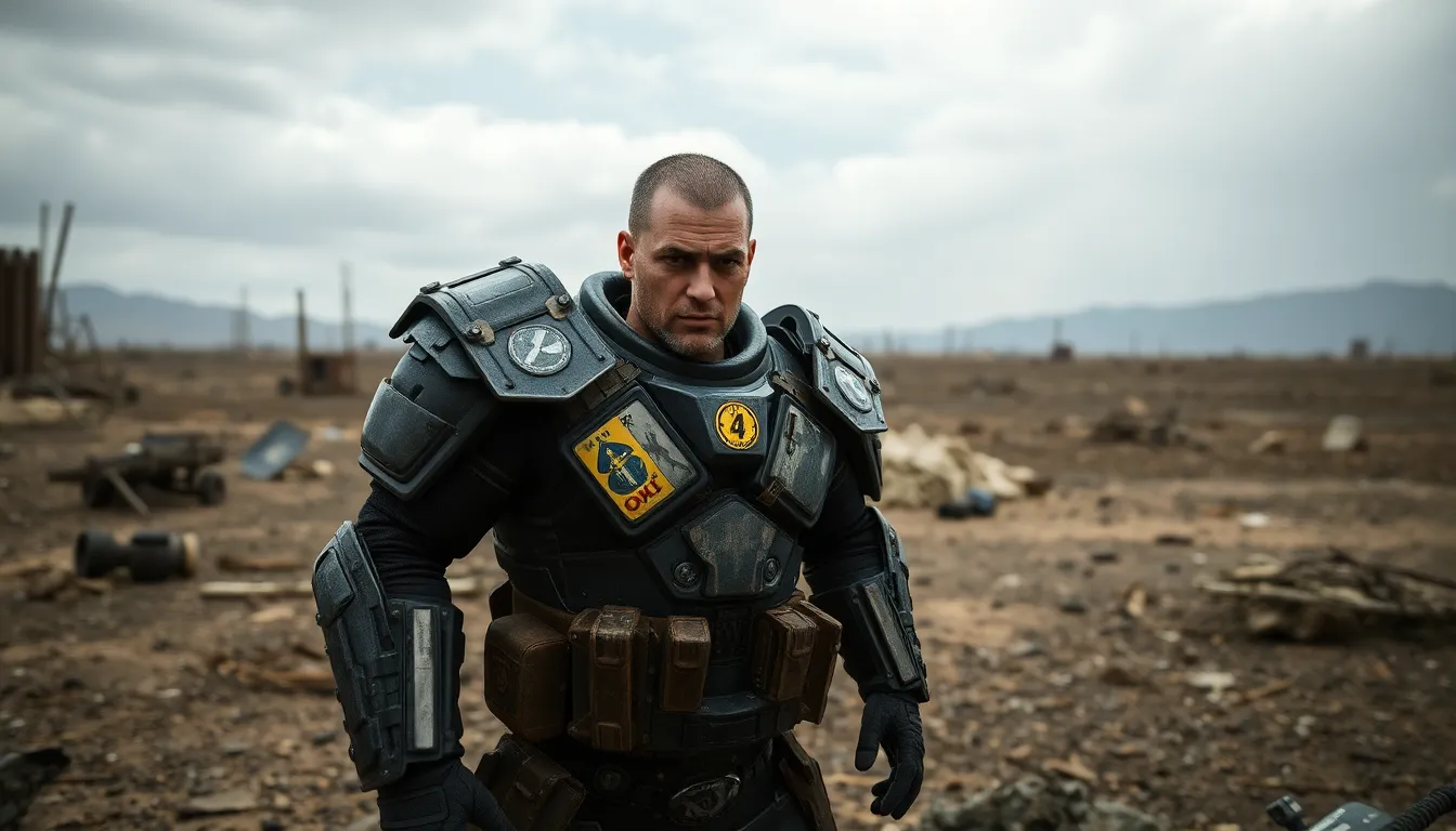 soldier in heavy combat armor in a post-apocalyptic landscape.