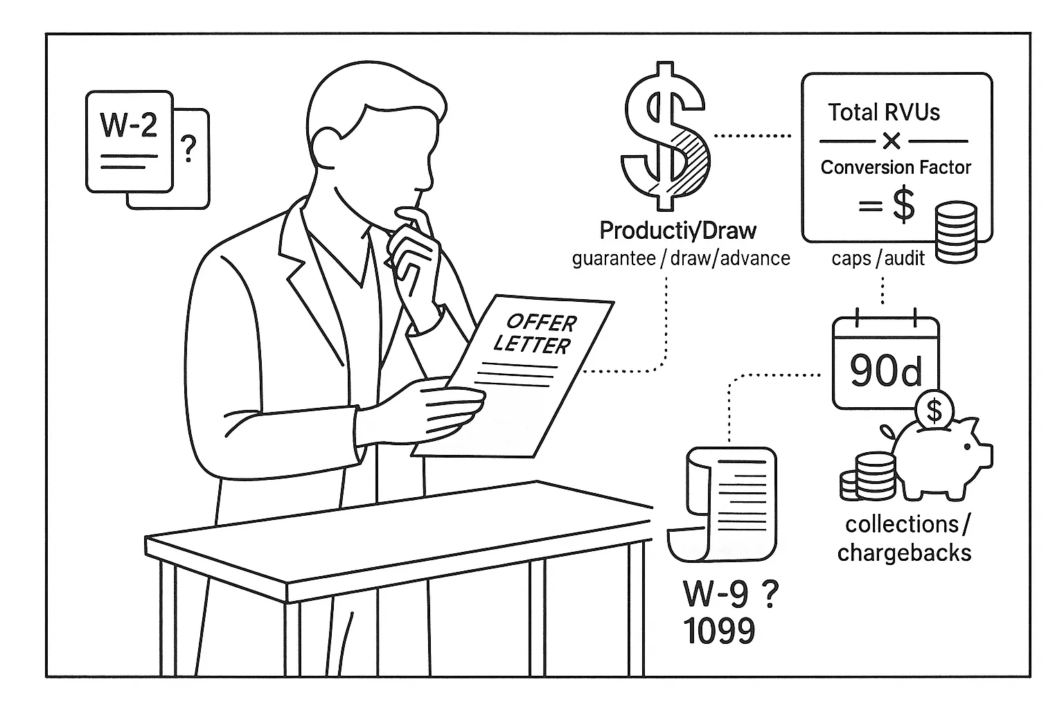 Physician assistant reviewing a confusing offer letter with pay and tax icons.