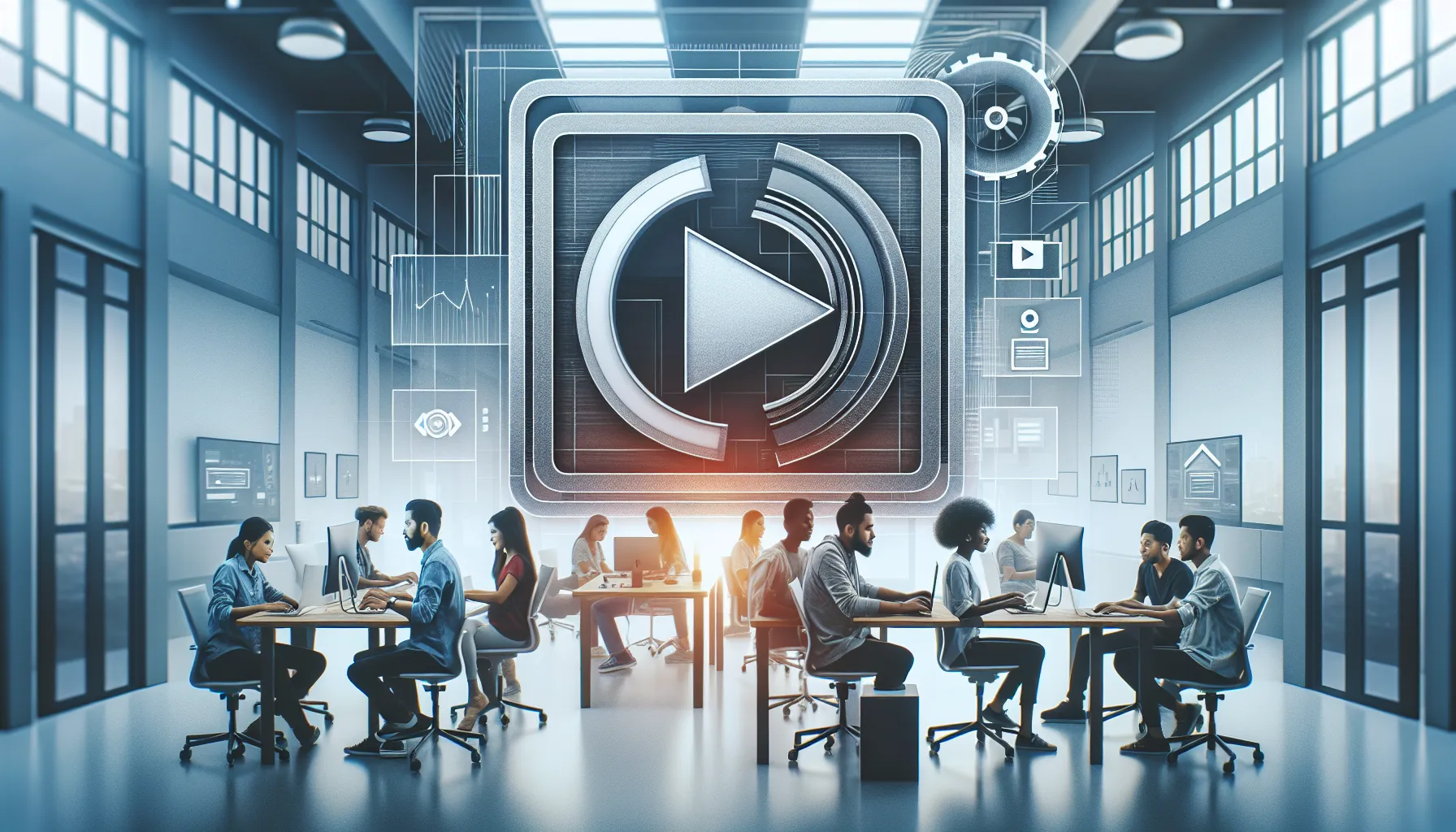 Filmora icon surrounded by diverse professionals in a modern workspace.