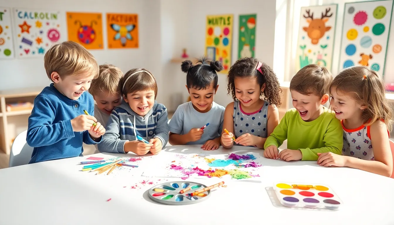 three-year-old children engaged in arts and crafts activities in a bright classroom.