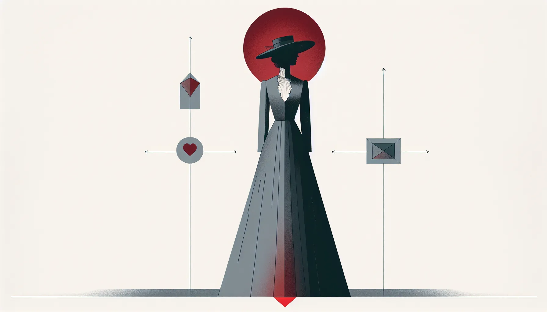 Woman silhouette torn between heart symbol and house representing passion versus duty