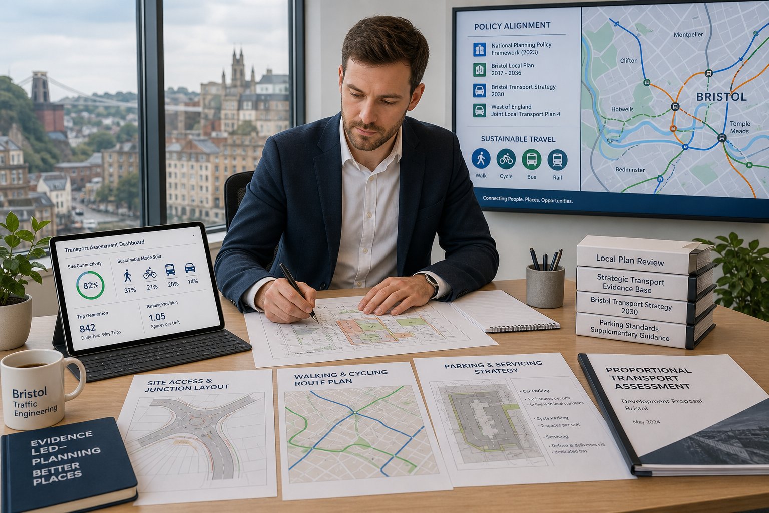 Traffic engineer reviewing Bristol transport plans in a modern office.
