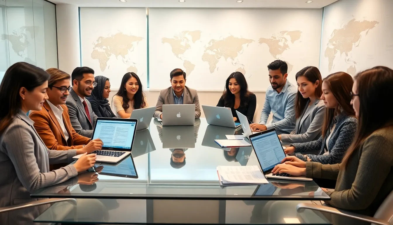 diverse translators collaborating in a modern office setting.