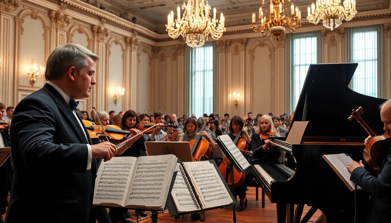 musicians performing Russian classical music in an elegant concert hall.