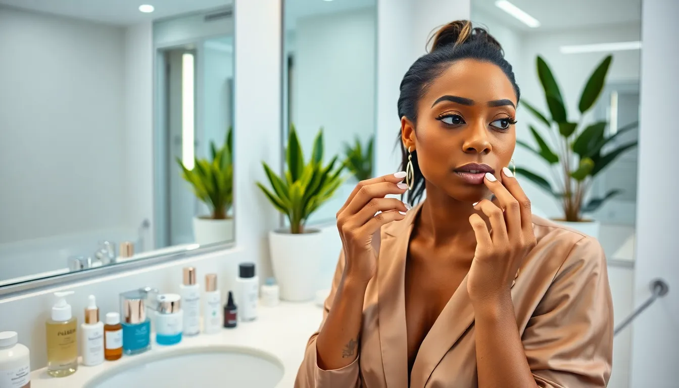 woman applying moisturizer in a modern bathroom setting.