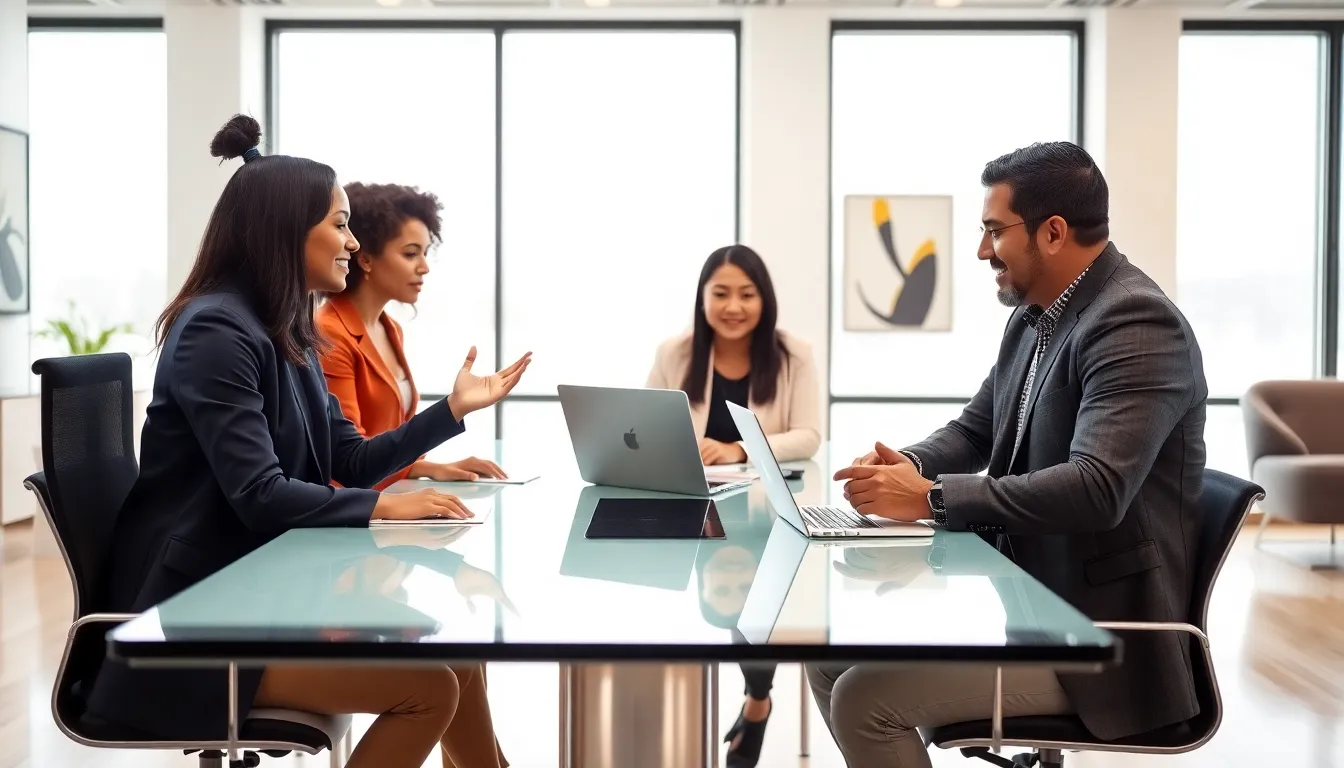 diverse professionals discussing digital privacy in a modern office.