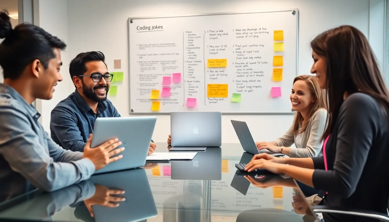diverse developers laughing over coding jokes in a modern office.