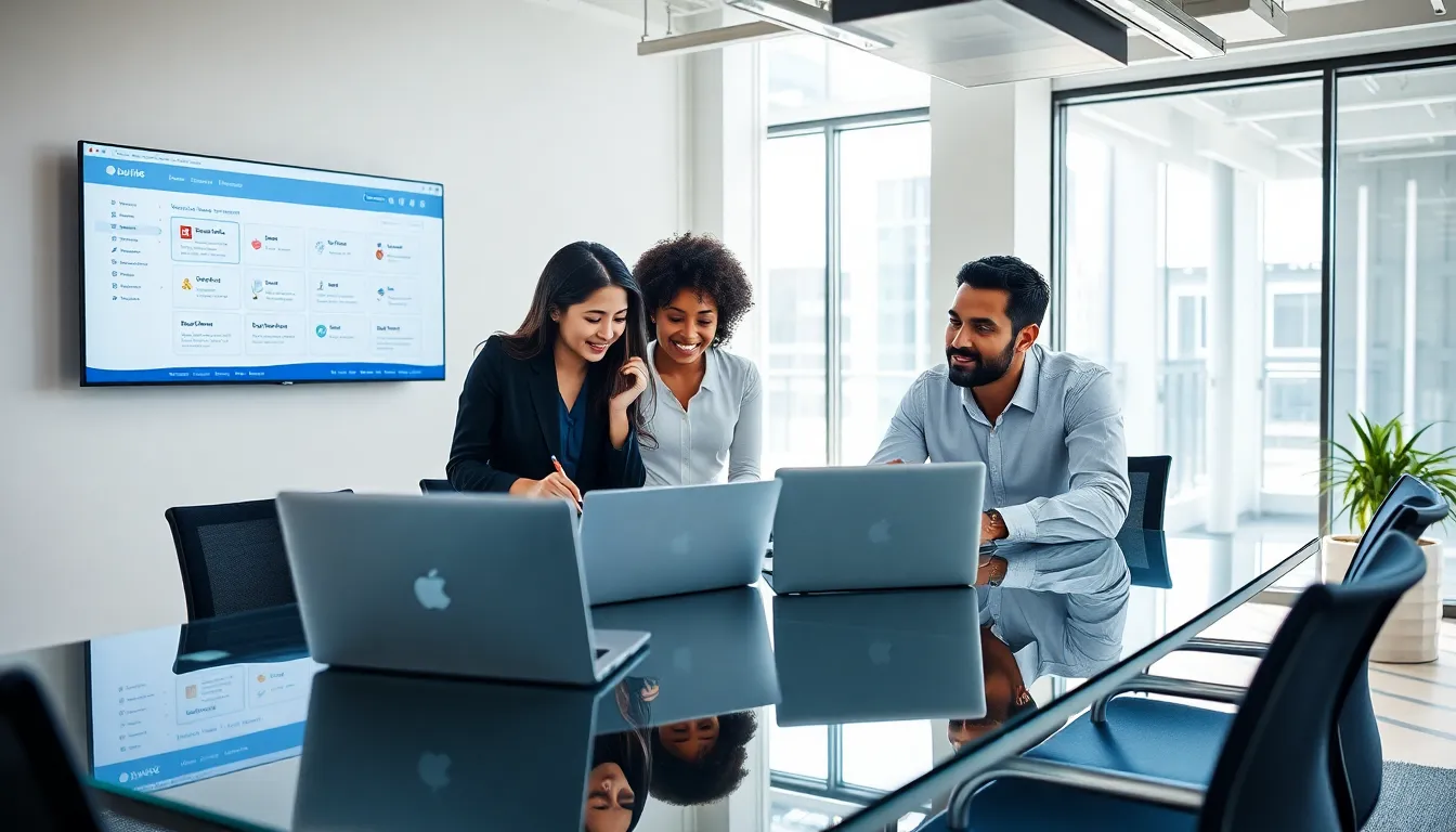 diverse team collaborating in a modern office around laptops.