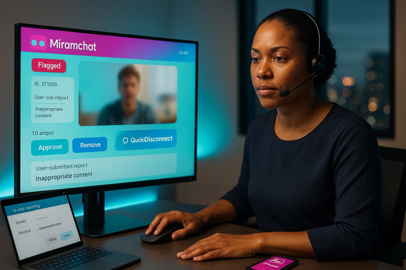 Moderator reviewing a flagged Miramichat video snippet on a branded interface.