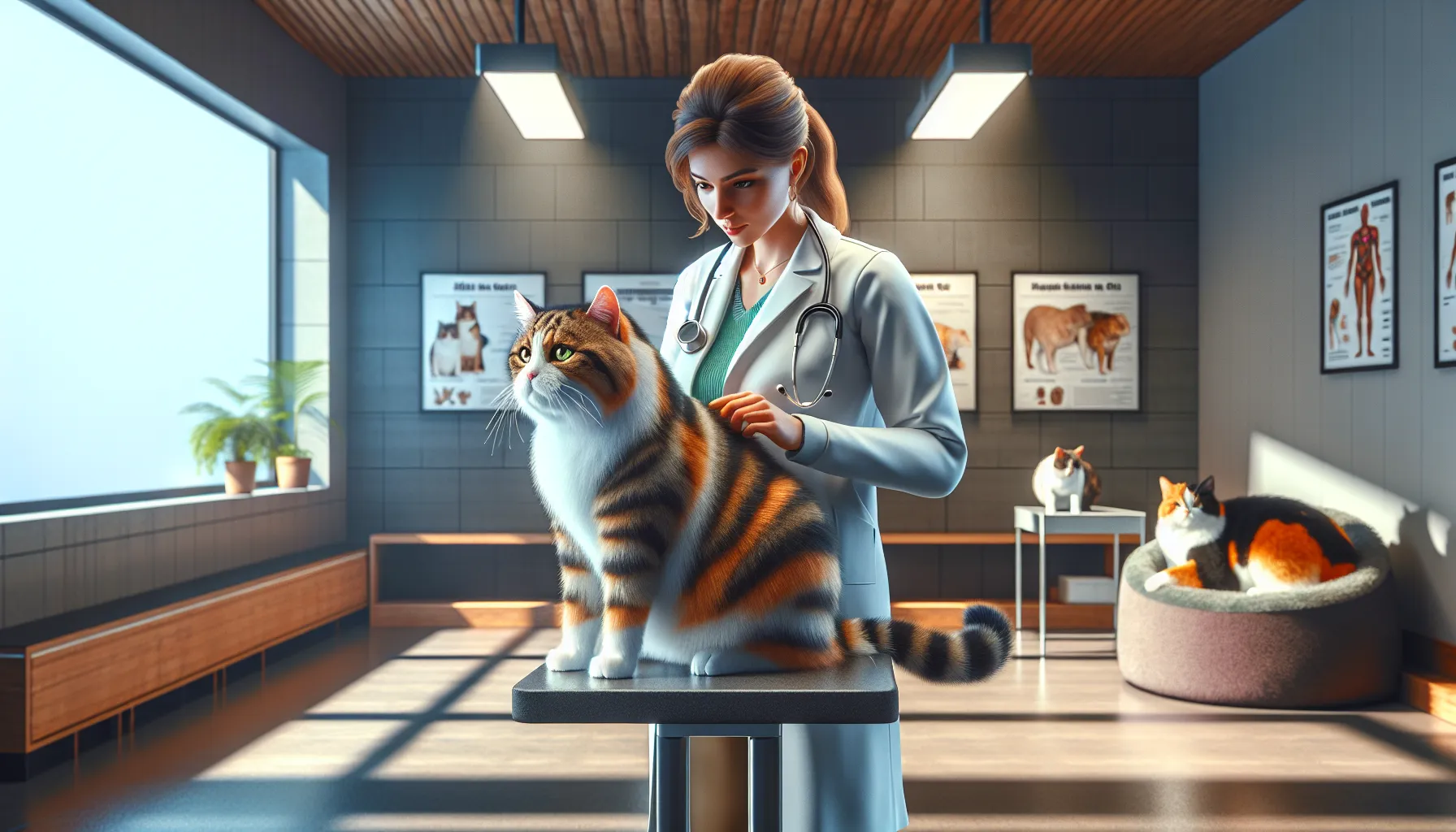A veterinarian examines a male tabby cat in a vet clinic.