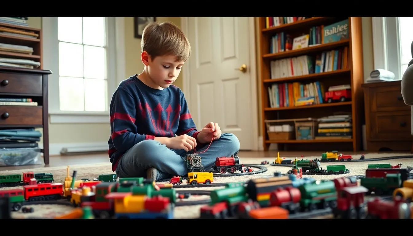 young boy engaged in engineering with toy trains in a cozy home.