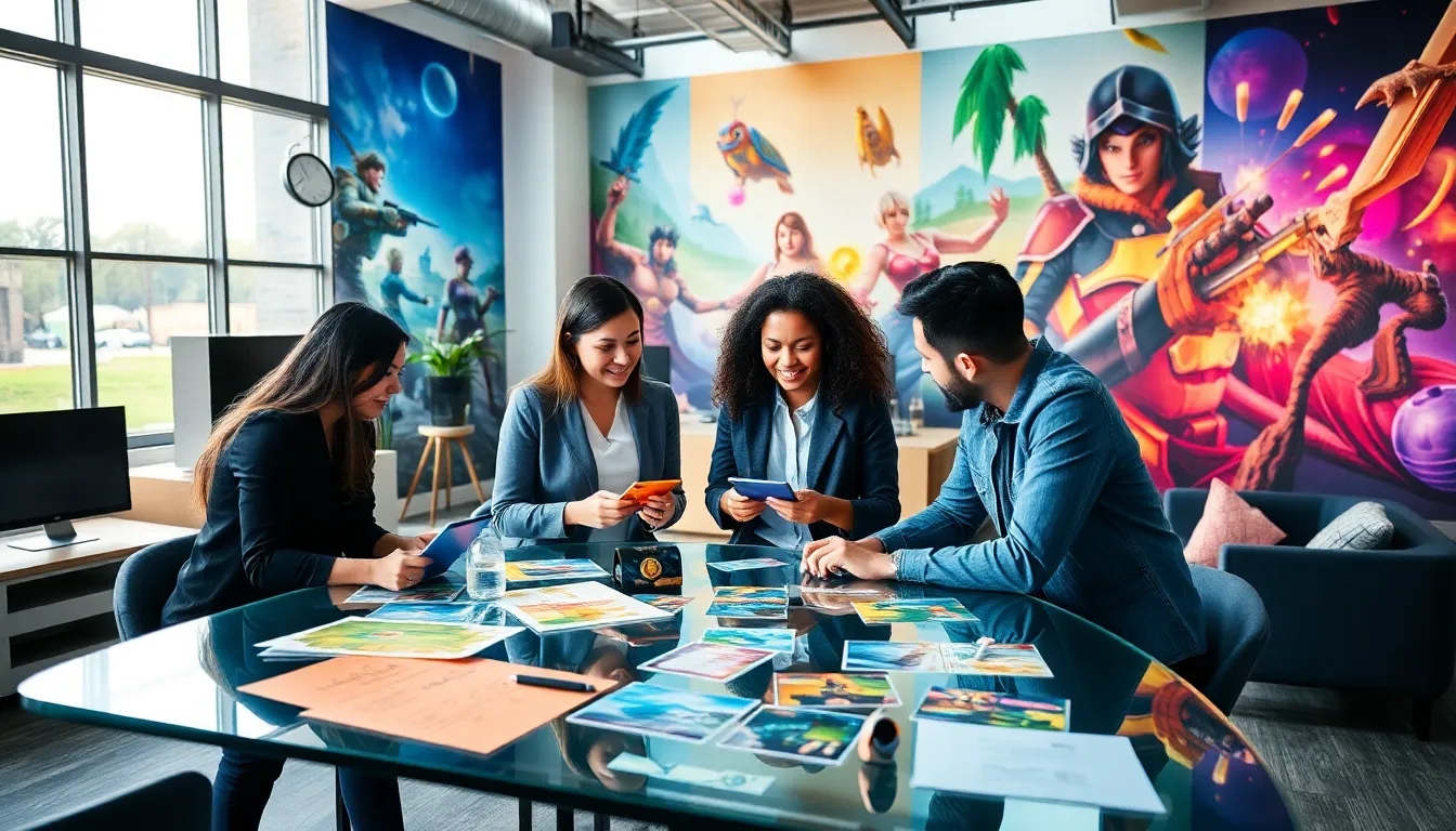 diverse team collaborating in a modern game development studio.