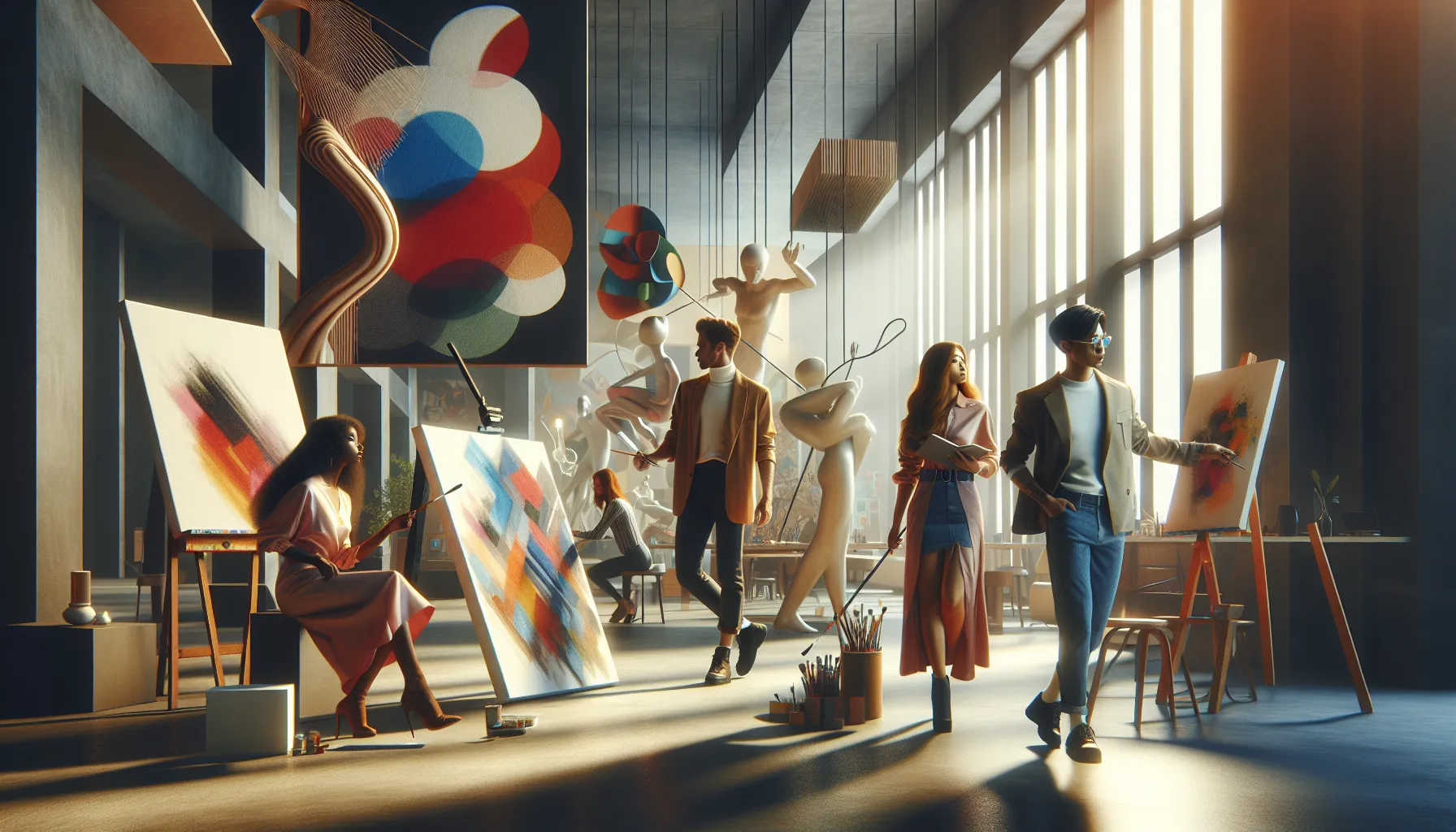 diverse artists collaborating on contemporary Белочкш-themed installations in a gallery.