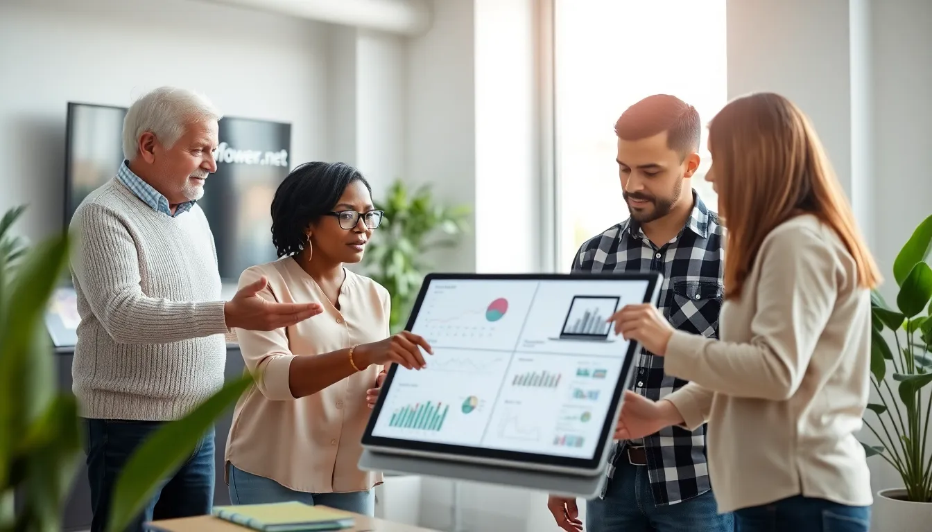 a diverse team exploring energy solutions on a laptop in a modern office.