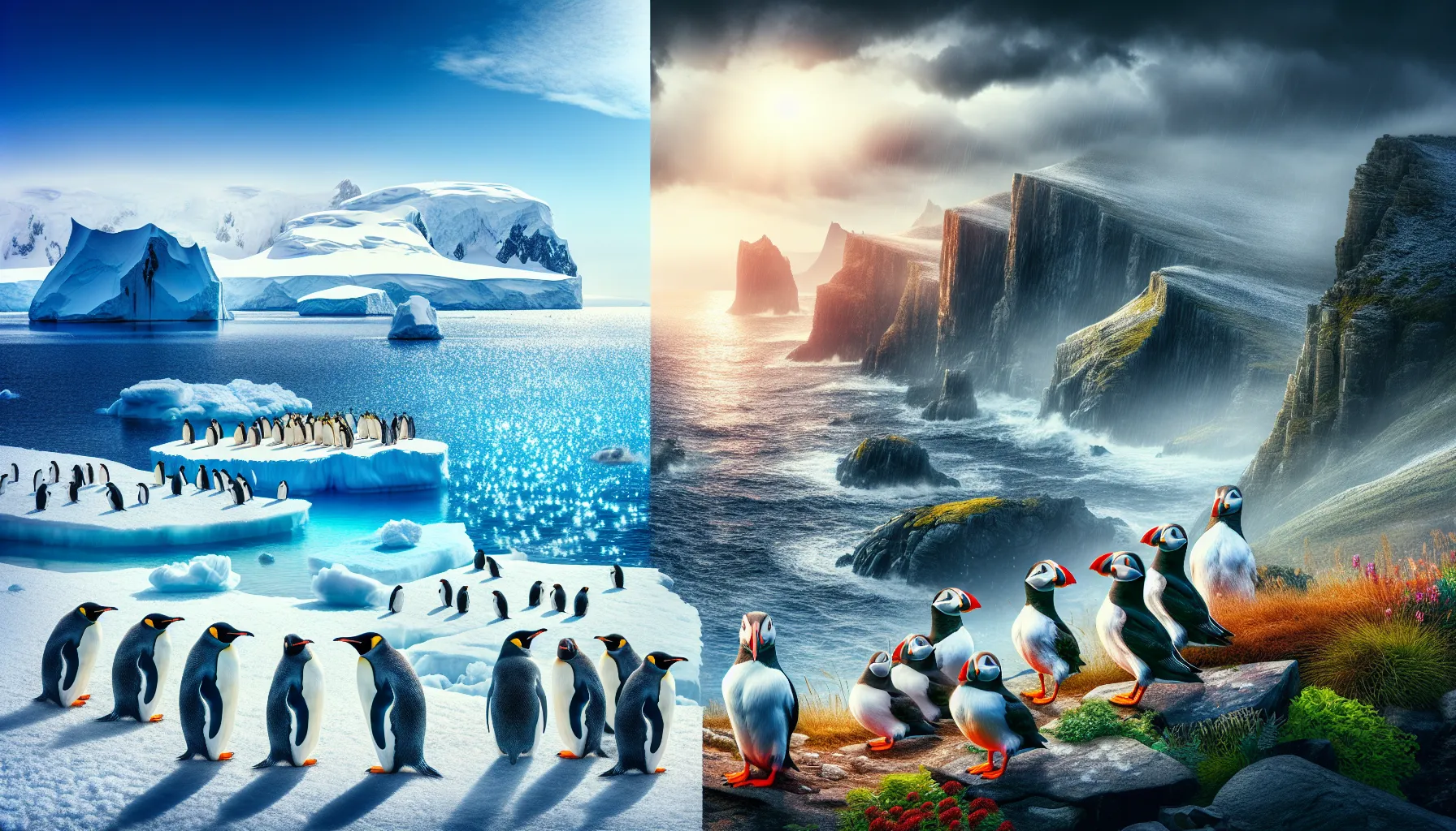 A split image of penguins in Antarctica and puffins on Atlantic seabird cliffs.