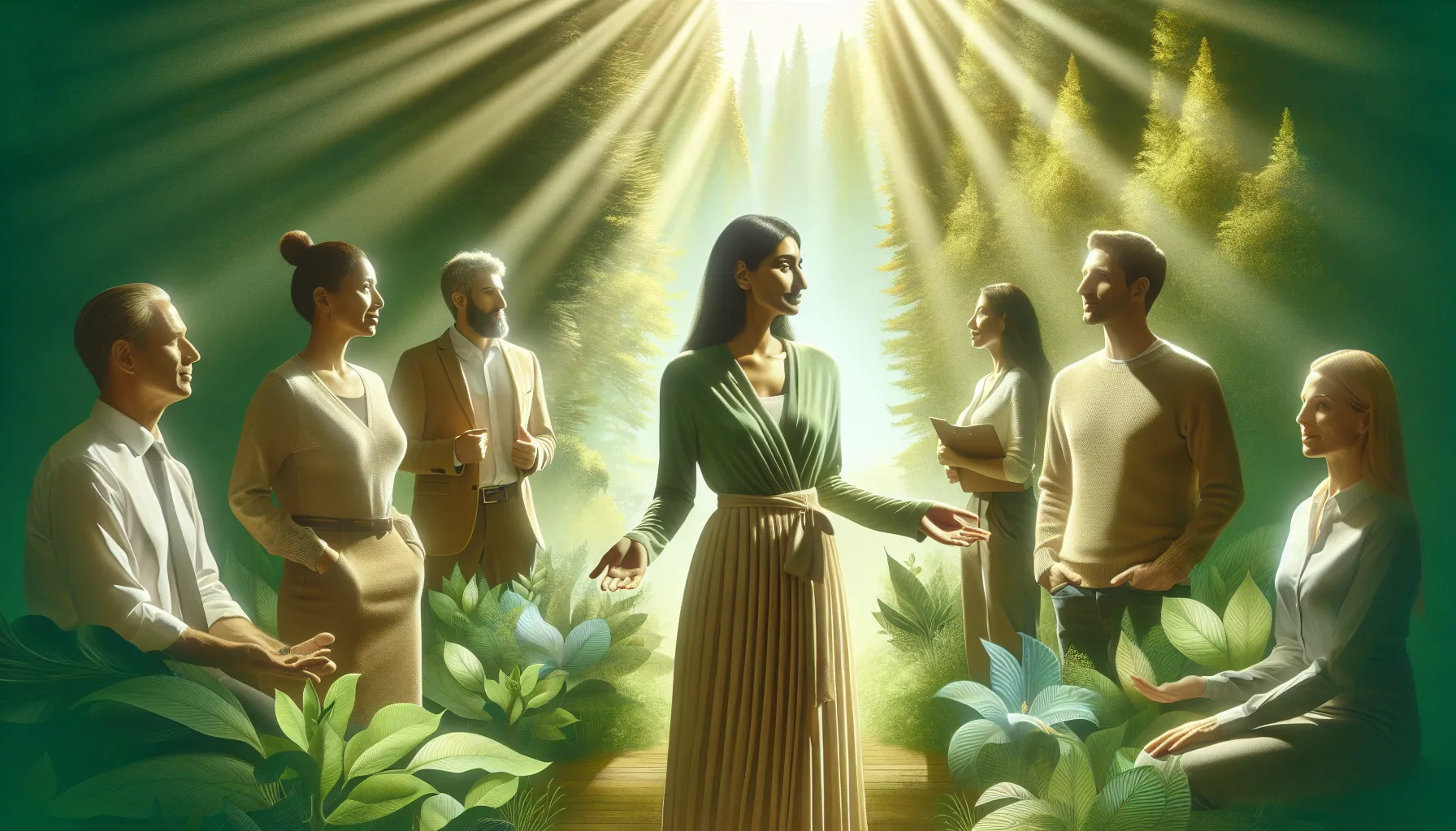 diverse professionals in a peaceful green forest setting.