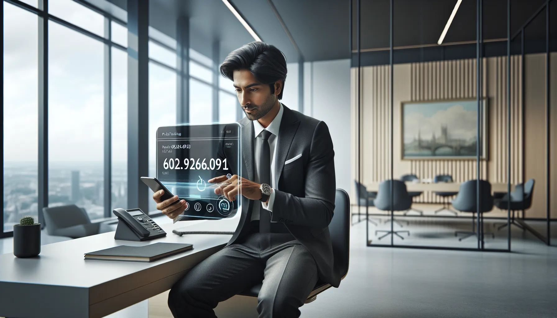 professional analyzing a phone number in a modern office.