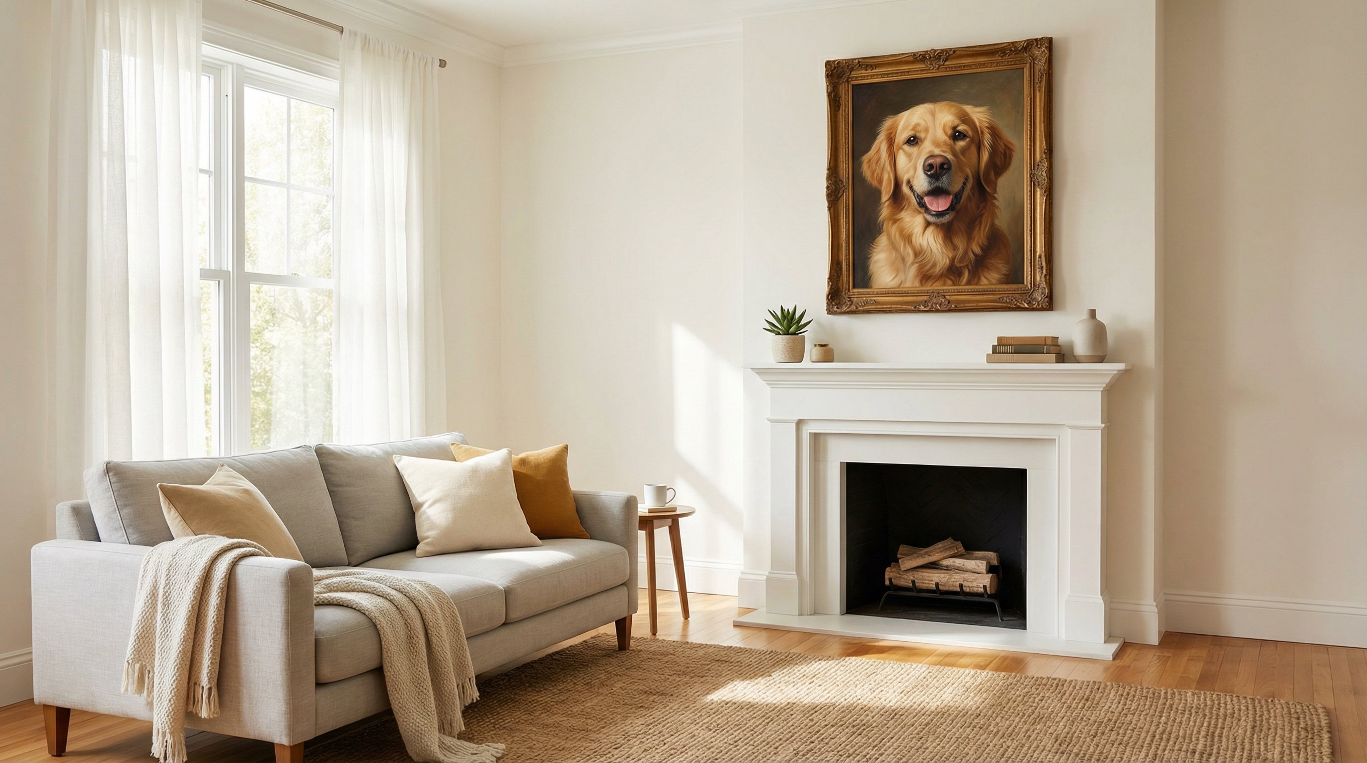 Framed golden retriever portrait displayed above a fireplace in a cozy living room.