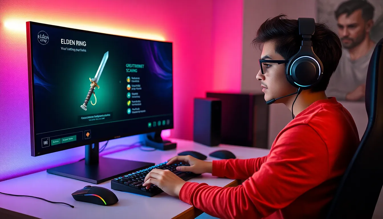 gamer strategizing with a character screen showcasing weapon attribute scaling.