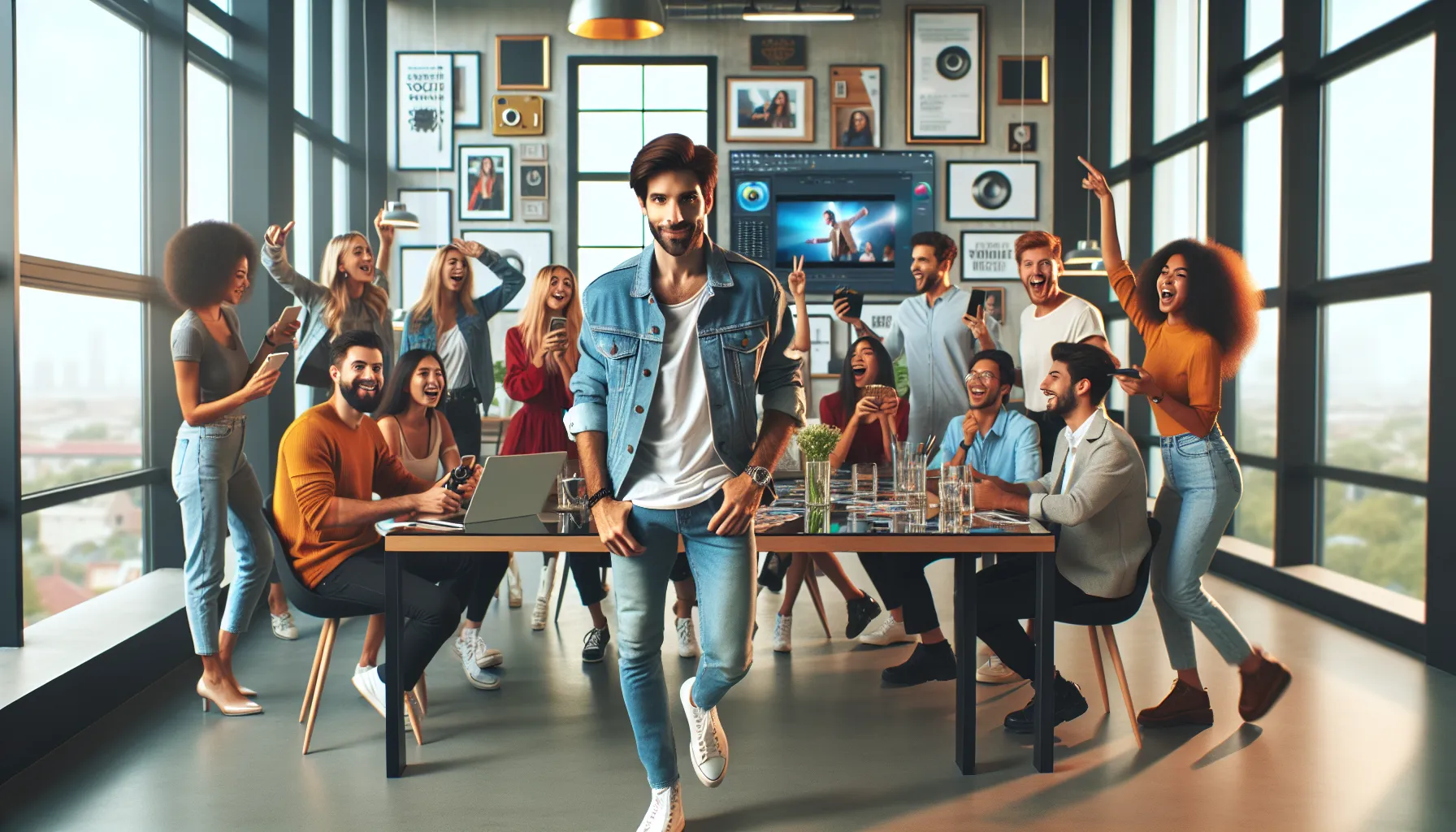 Morganjhickey17 celebrating a social media achievement with a diverse team.