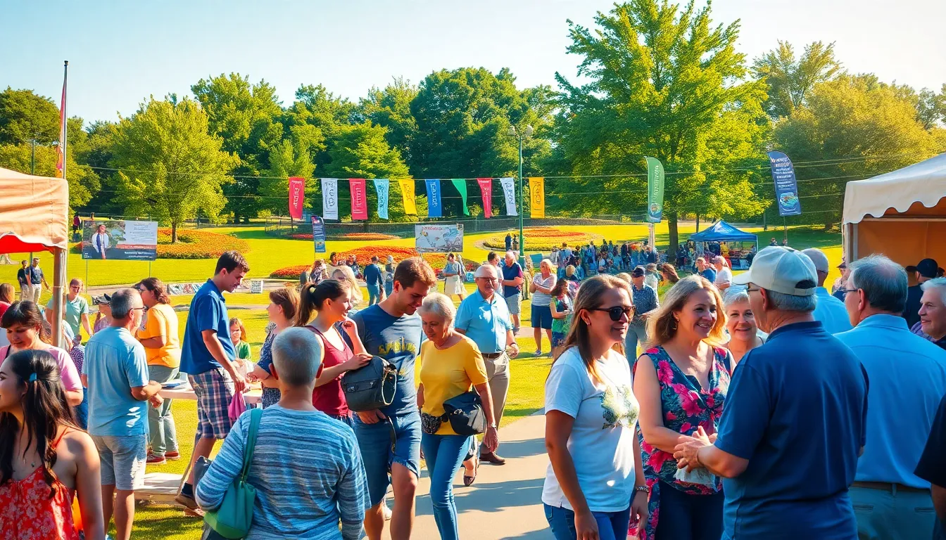 A community festival in a park with diverse attendees and colorful booths.