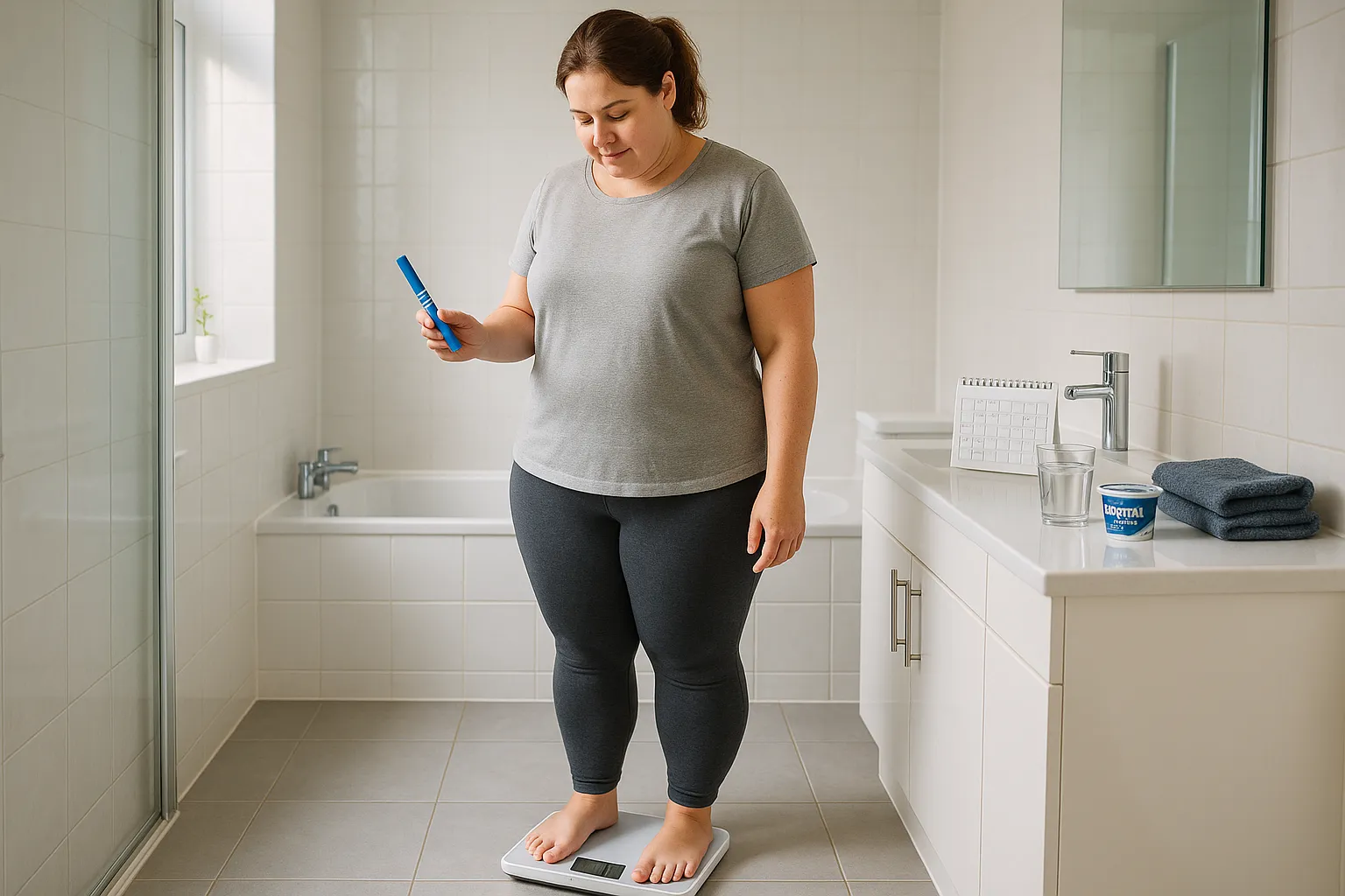 Woman checking her weight at home during gradual Mounjaro progress.