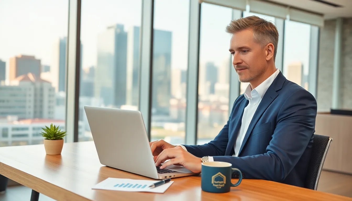 a real estate manager emailing in a modern office with a city view.