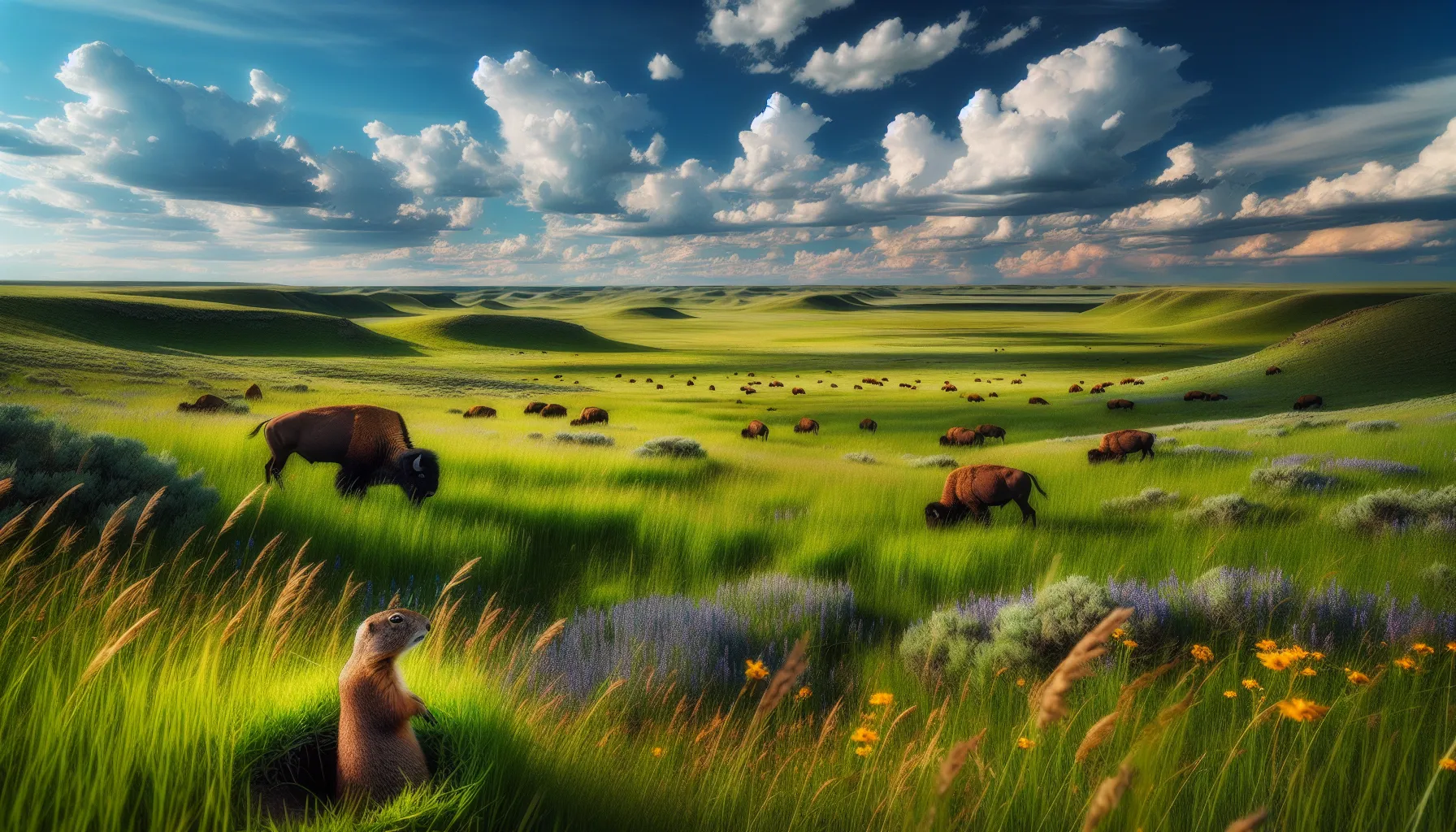 A scenic grassland with bison grazing and a prairie dog emerging from its burrow.