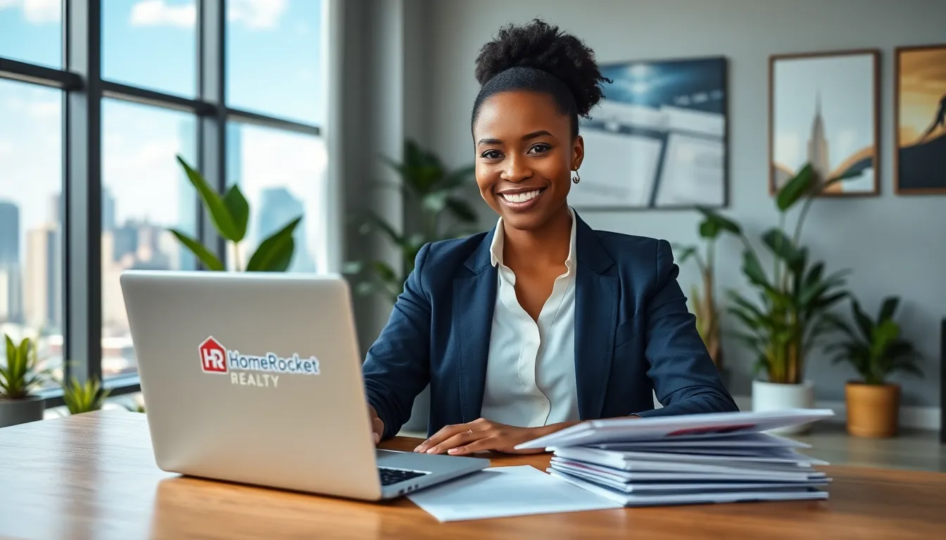 A professional woman managing real estate tasks in a modern office.