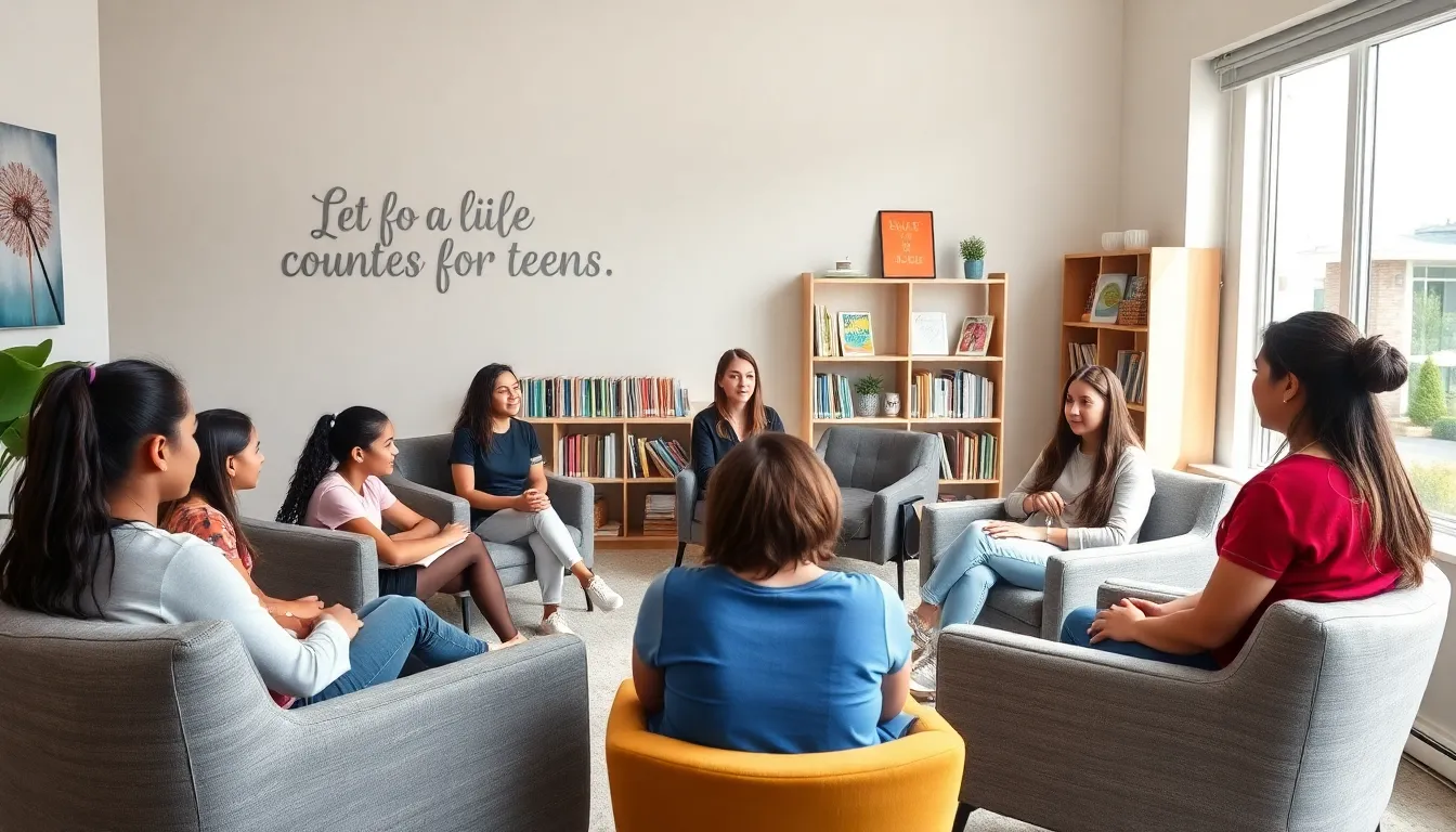 diverse teens discussing mental health in a counseling room.