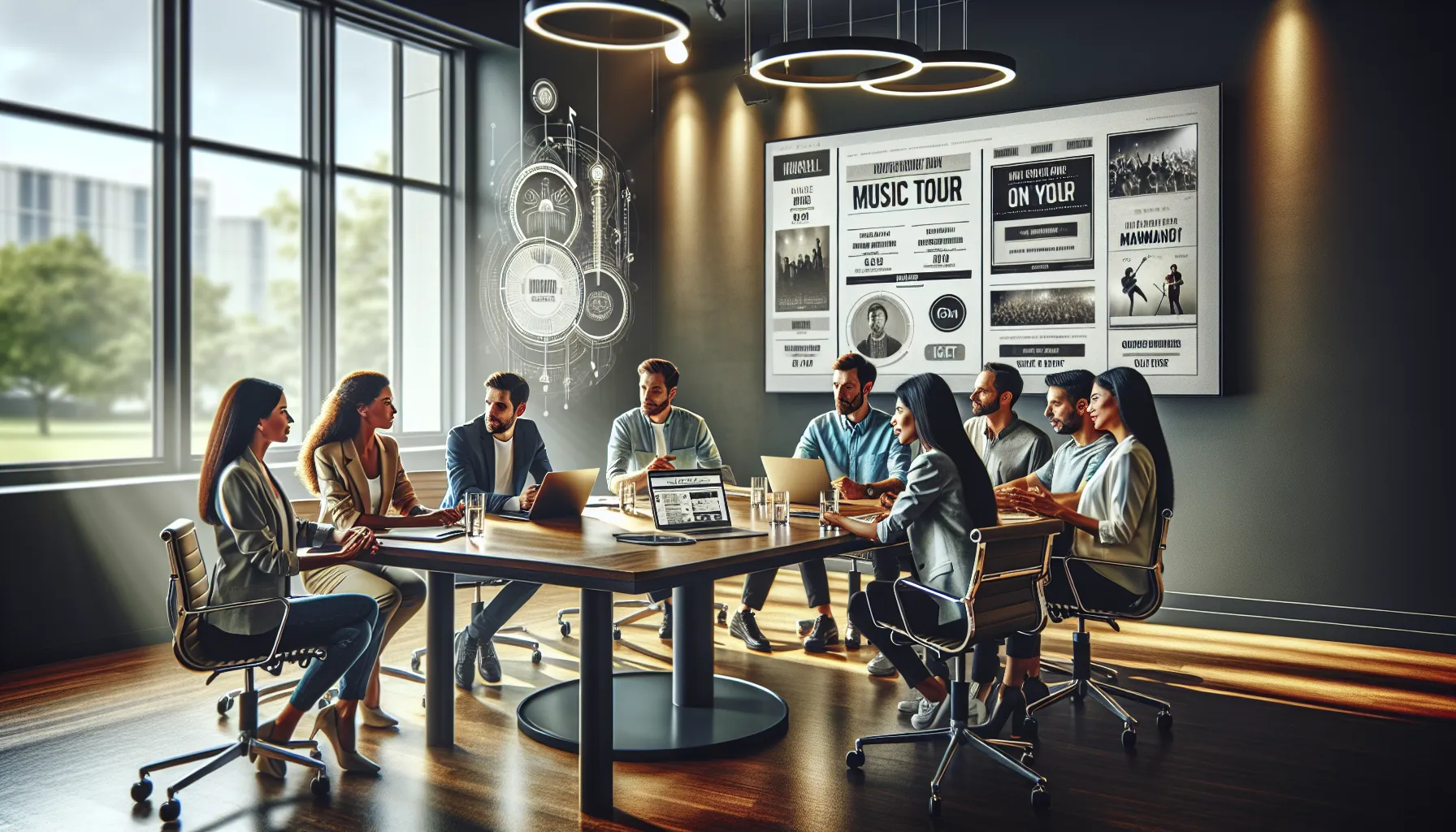 diverse team planning a music tour experience in a modern office.