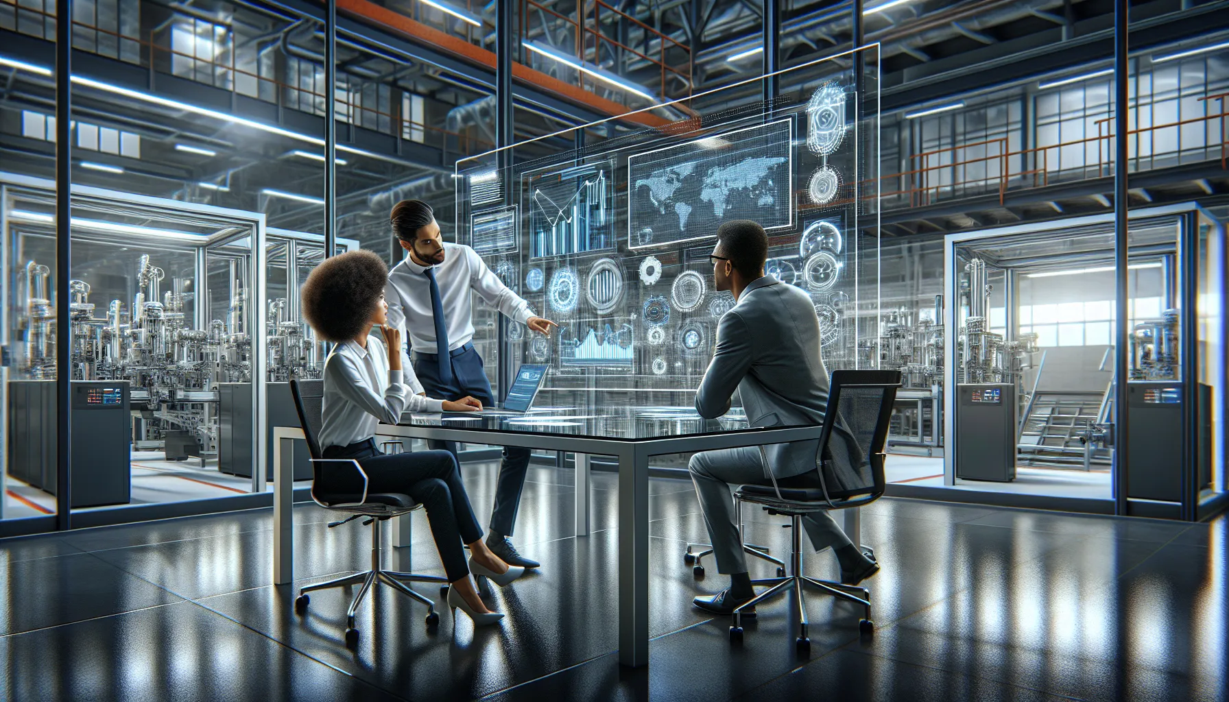 professionals collaborating on data analytics in a modern manufacturing setting.