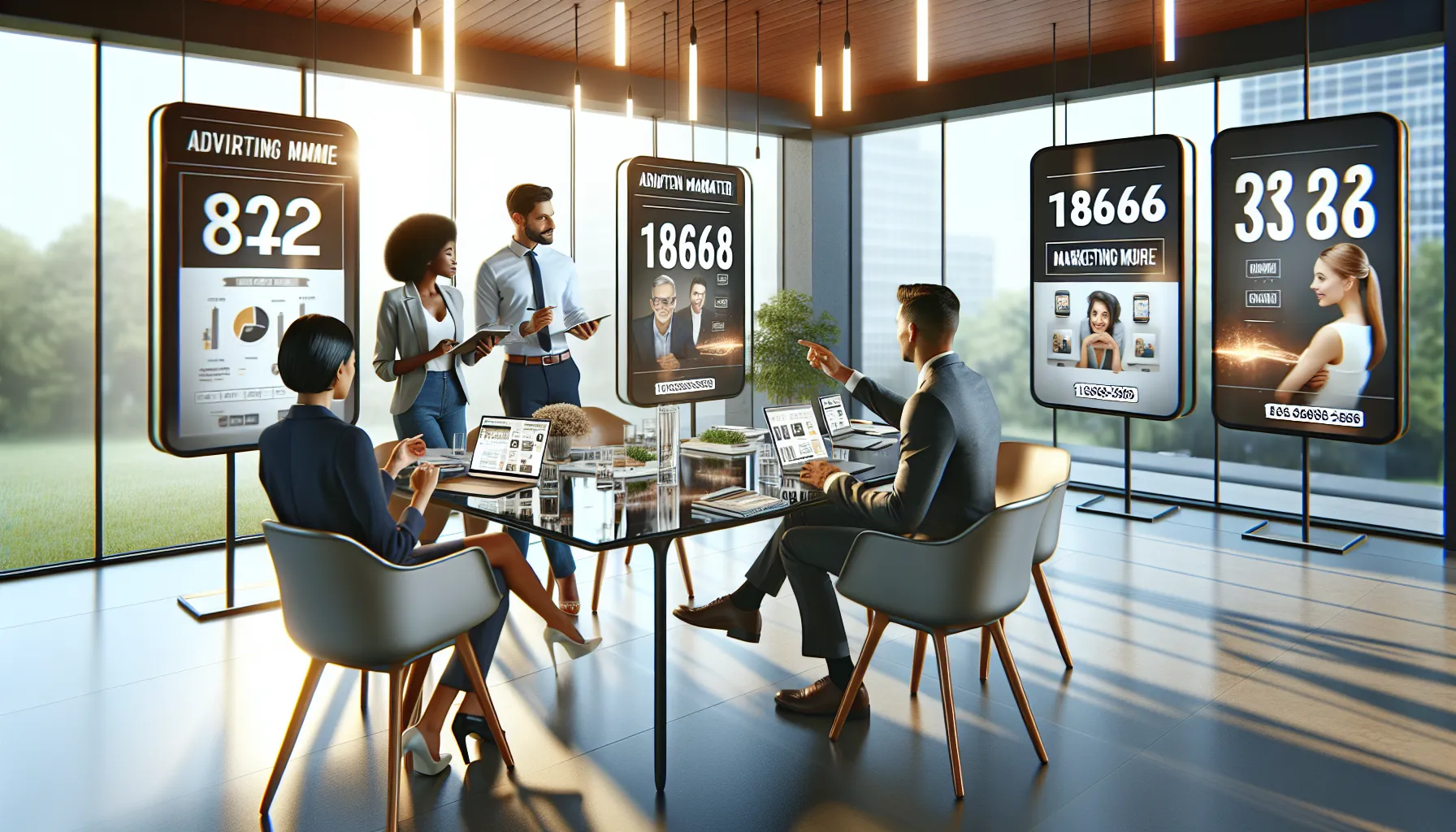 diverse team discussing marketing strategies in a modern office setting.