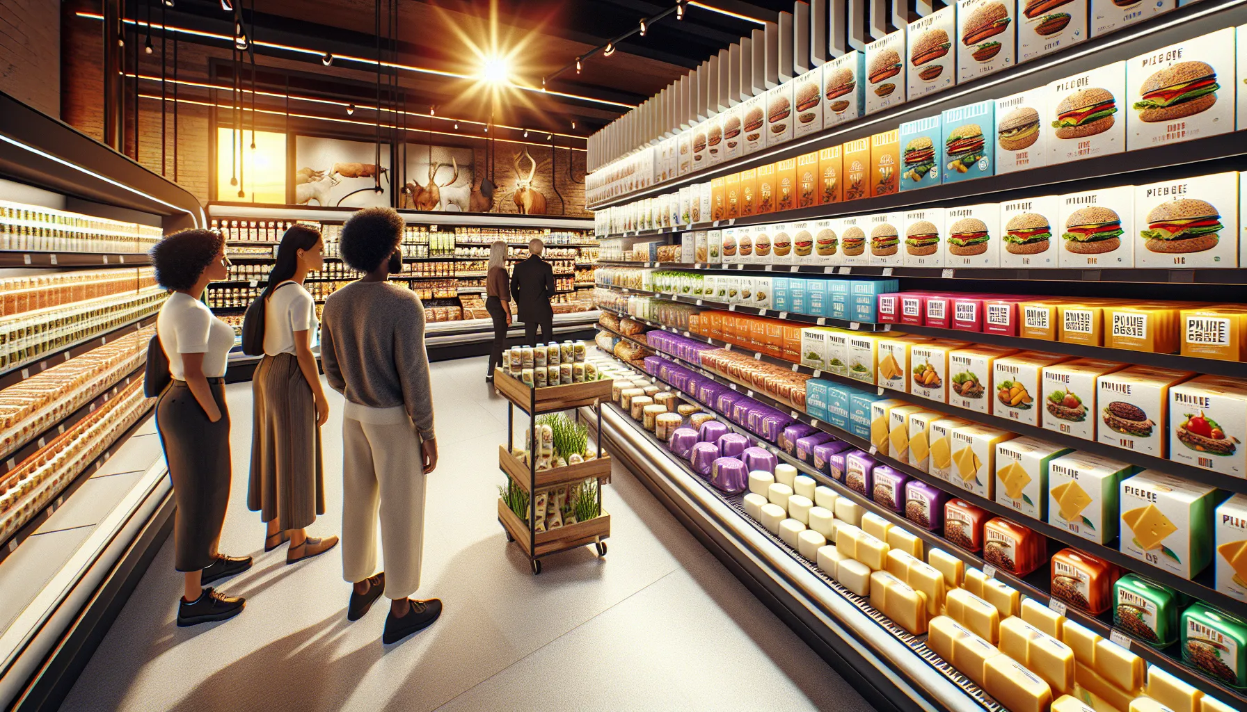 modern grocery aisle featuring a variety of plant-based food products.