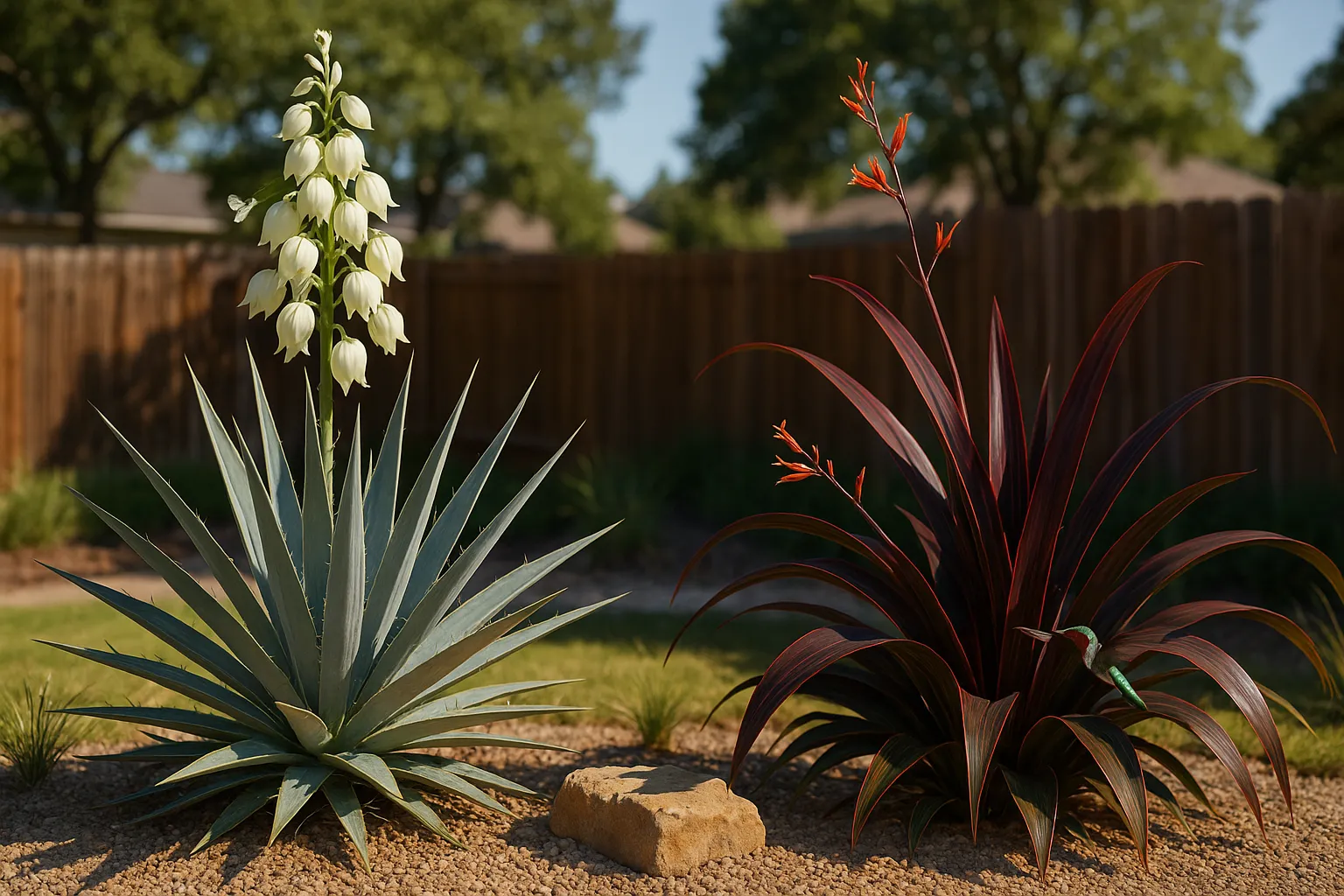 Yucca and phormium side-by-side showing contrasting leaves and flowers.
