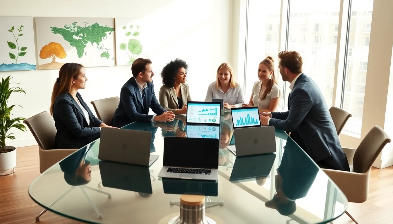 diverse team discussing sustainable investing in a modern office.
