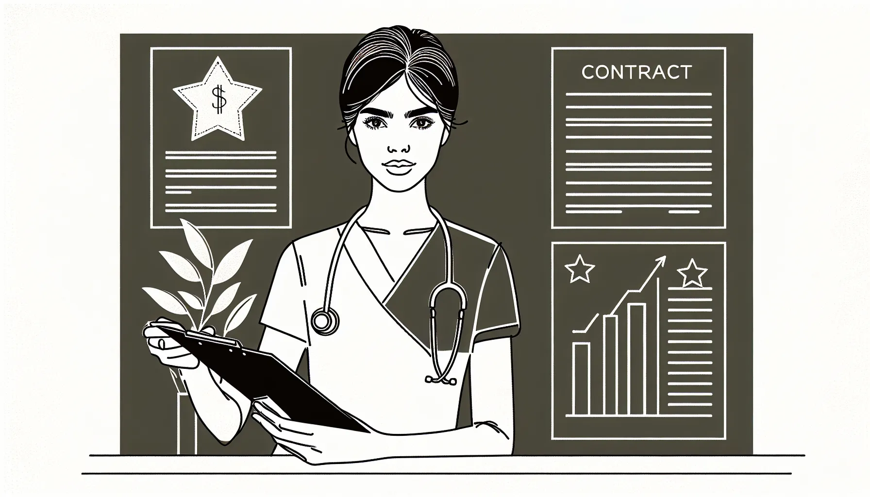 Veterinarian examining a contract with dollar sign, bonus star, and chart.