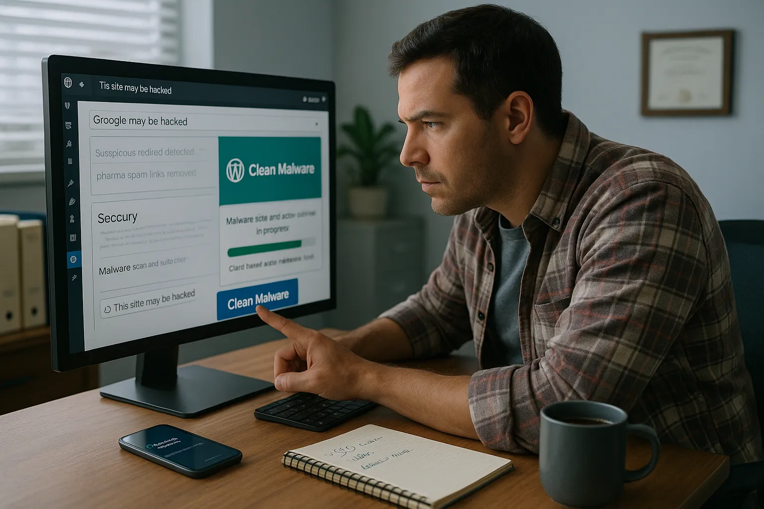 7 Best WordPress Malware Removal Options For Small Business Sites 4 Small business owner clicking one button to clean hacked WordPress site on screen.