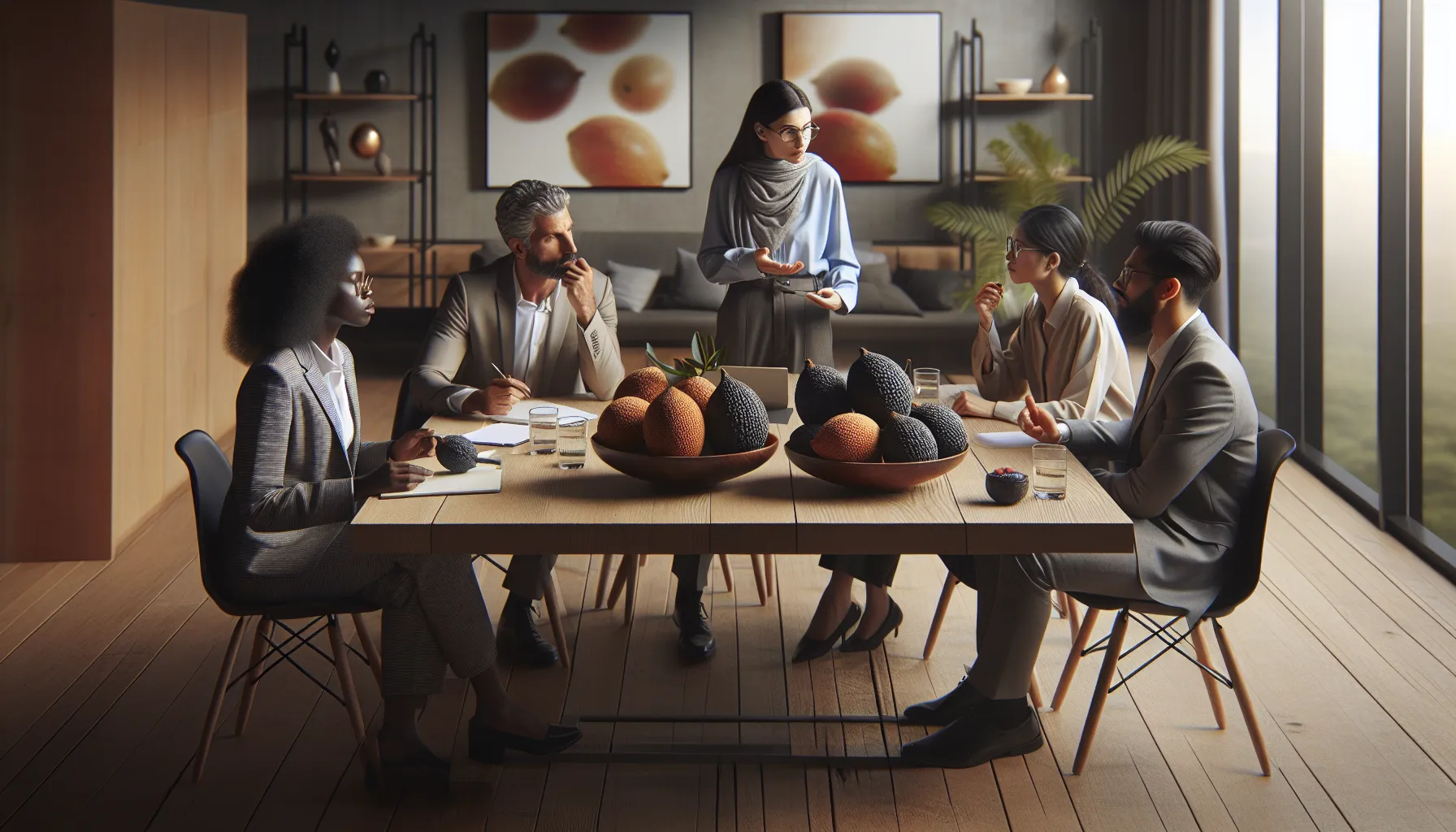 diverse group enjoying doumneh fruit in a modern office setting.