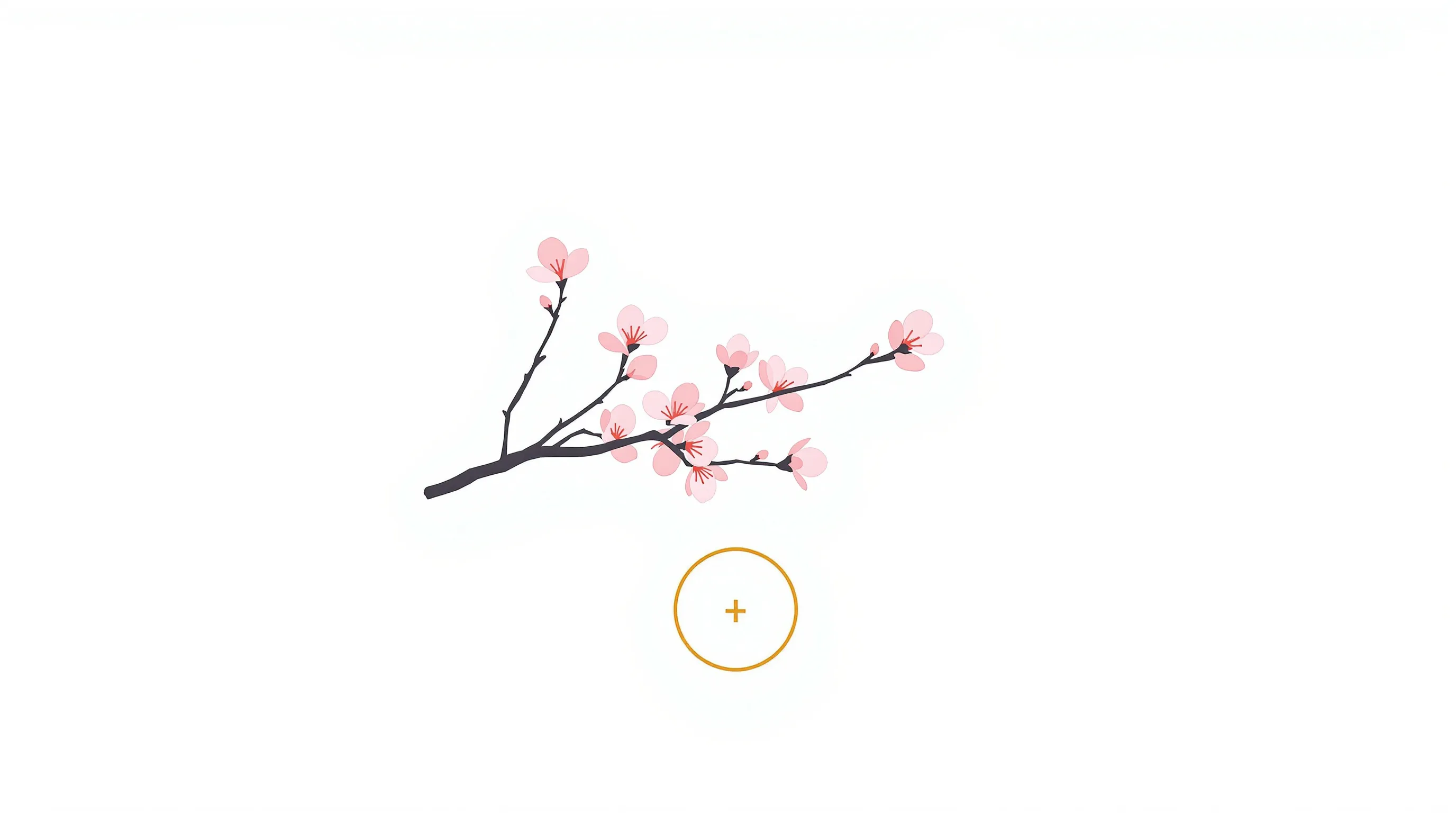 A minimalist cherry blossom branch with soft pink petals on white background.